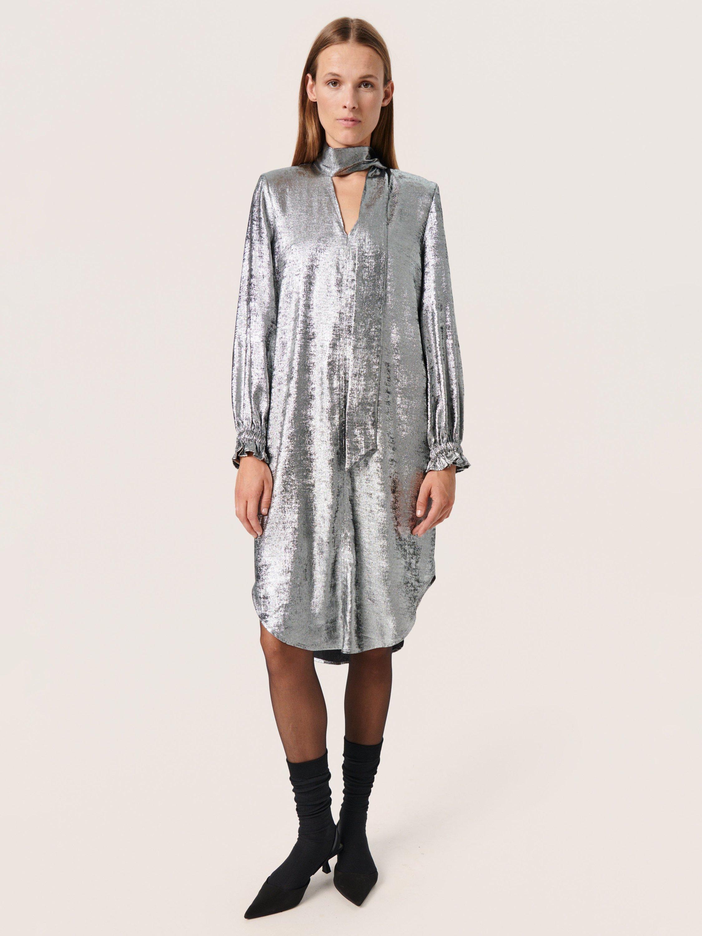 Product image 3 of 6, which shows Soaked In Luxury Ronya Long Sleeve Metallic Dress, Silver Foil, XS
