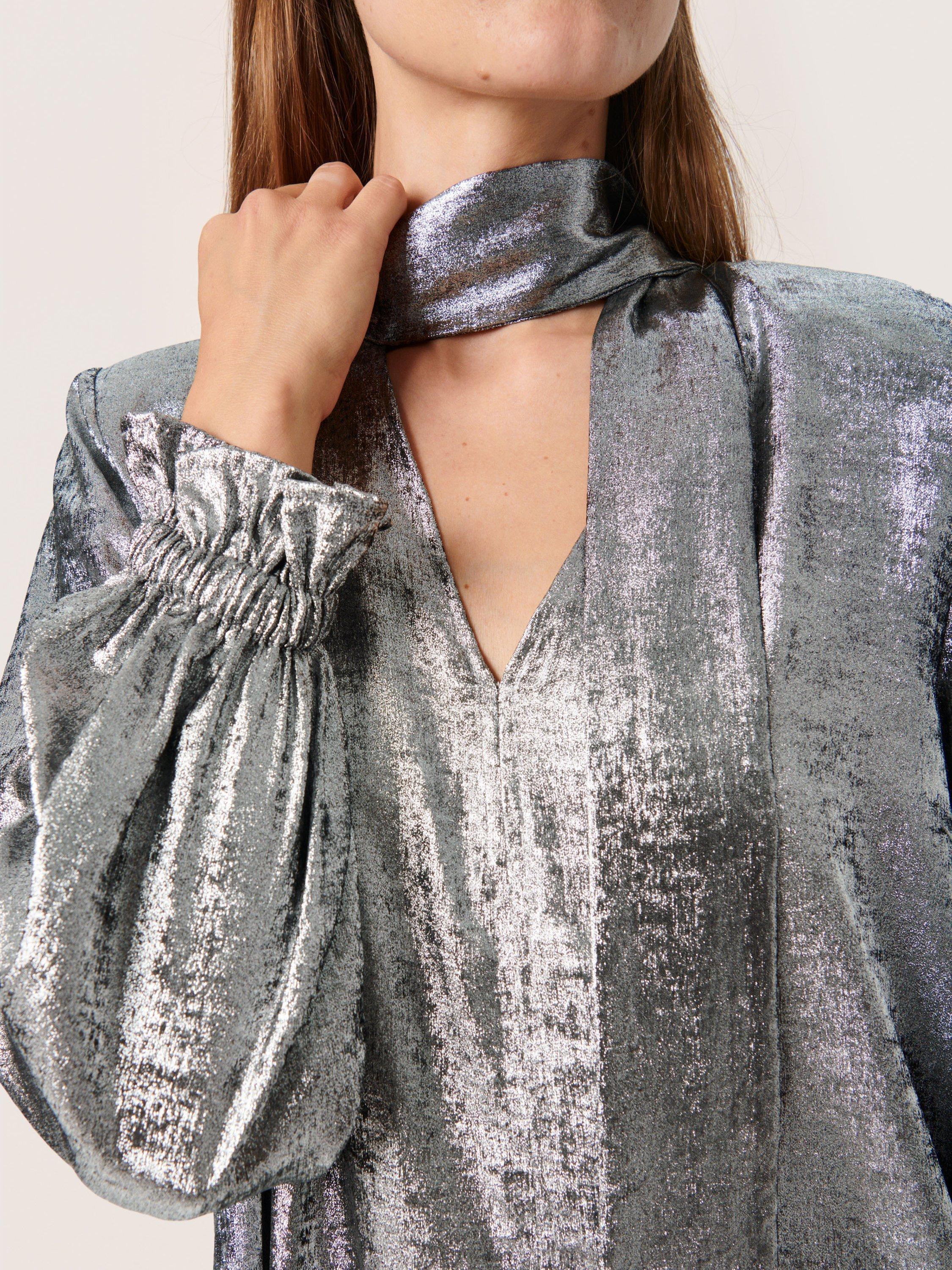 Product image 4 of 6, which shows Soaked In Luxury Ronya Long Sleeve Metallic Dress, Silver Foil, XS