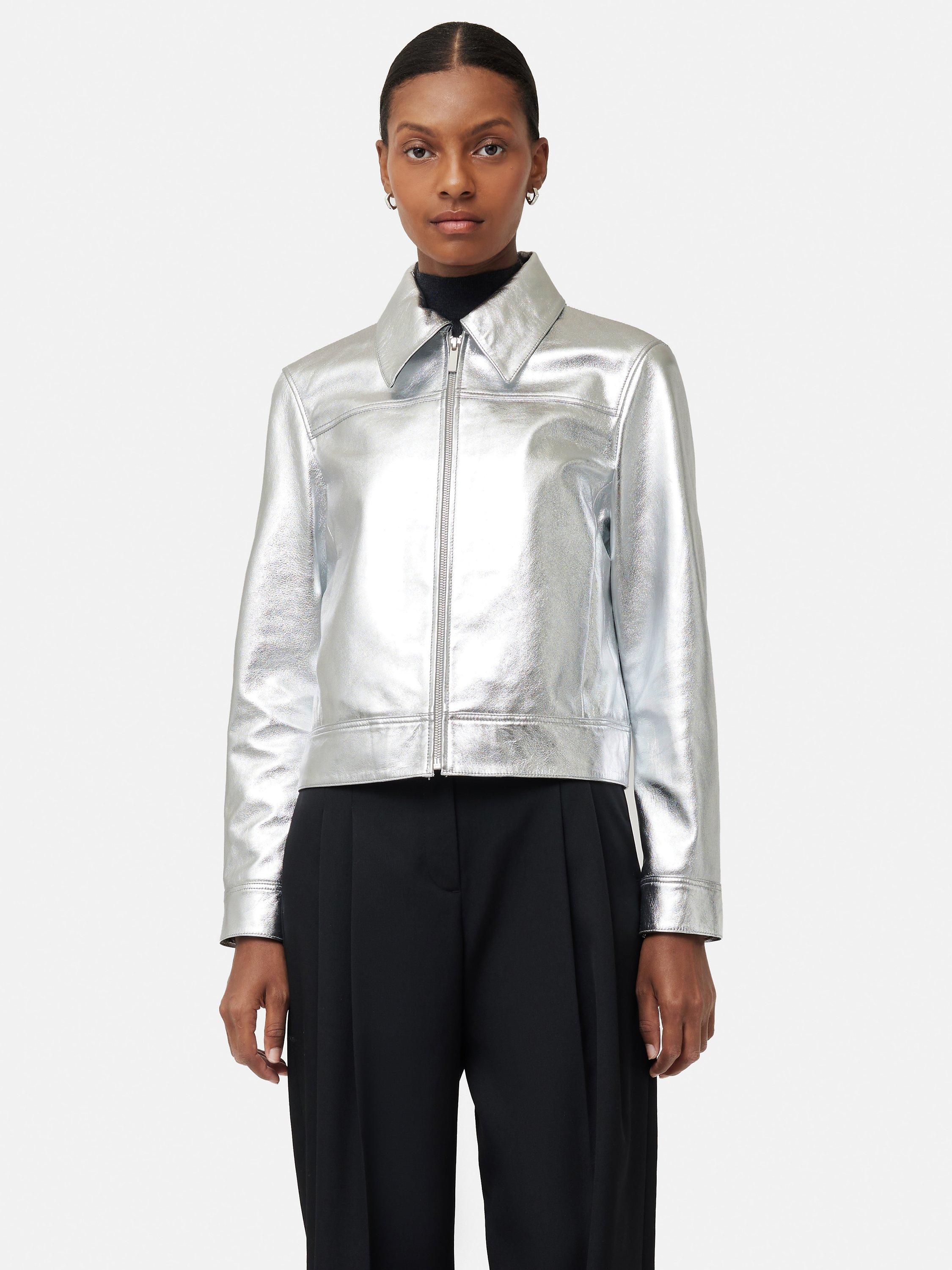 Jigsaw Metallic Leather Biker Jacket, Silver