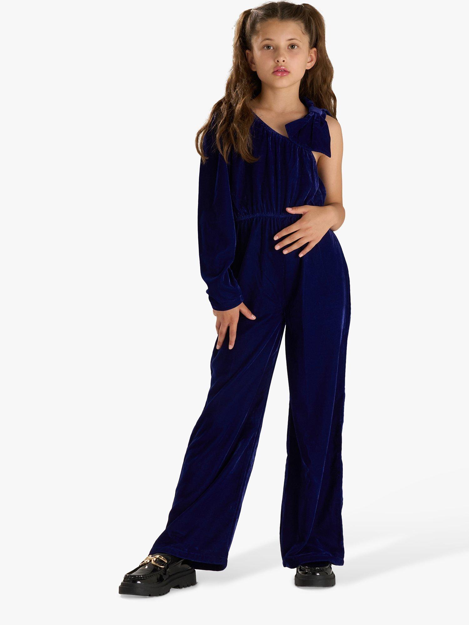 Angel & Rocket Kids' Thea Bow Shoulder Velvet Jumpsuit, Blue