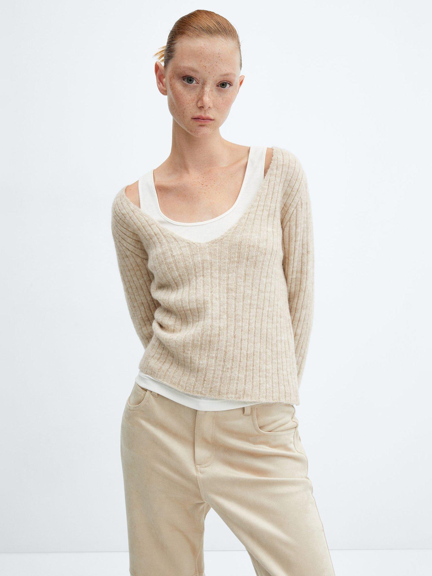 Mango Wool Blend V-Neck Jumper, Natural