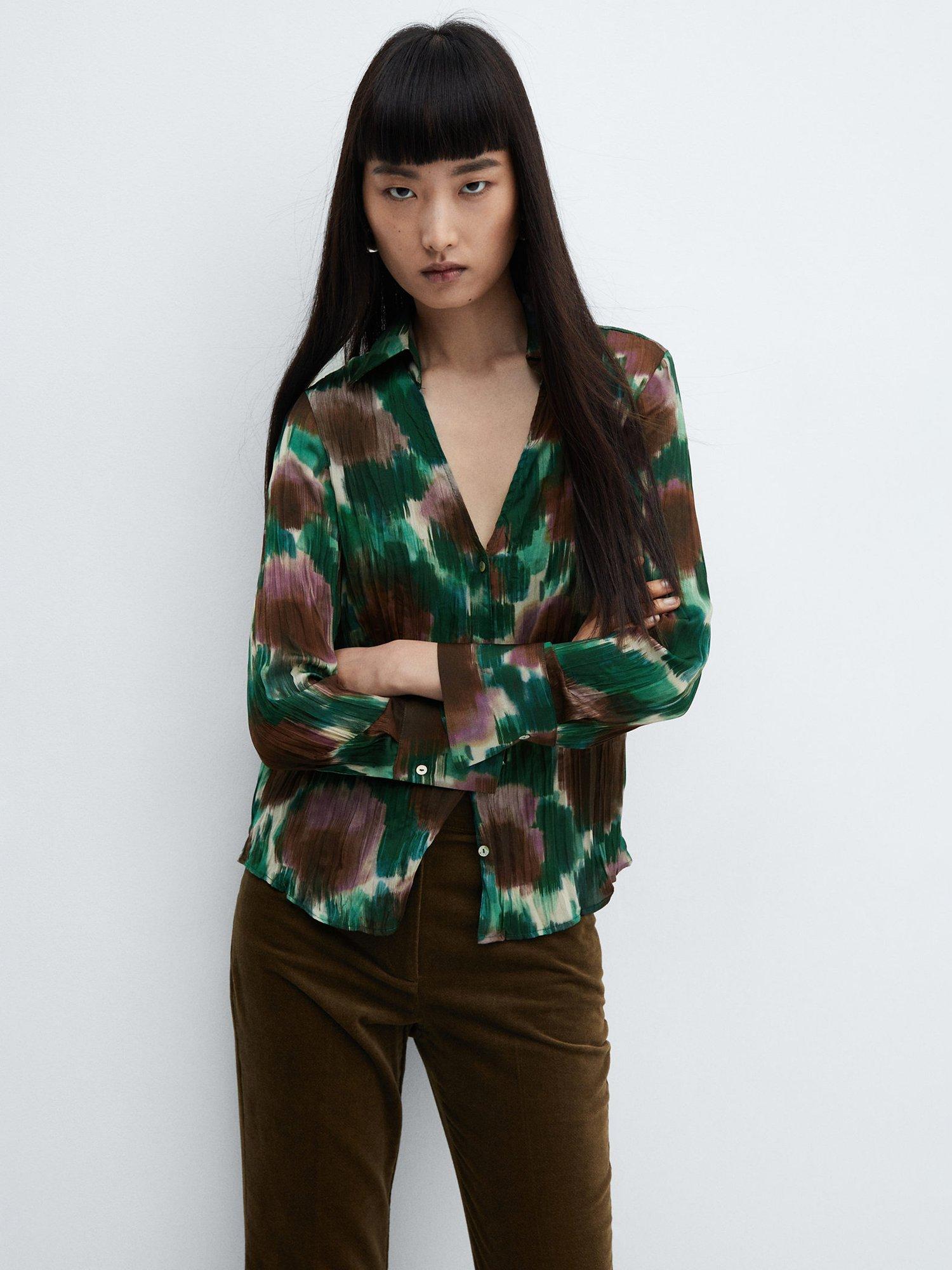 Mango Nogal Flowy Shirt, Green/Multi