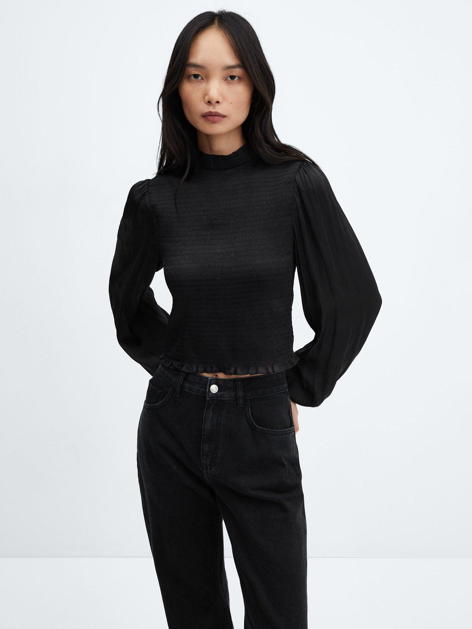 Mango Shirred Detail Blouse, Black