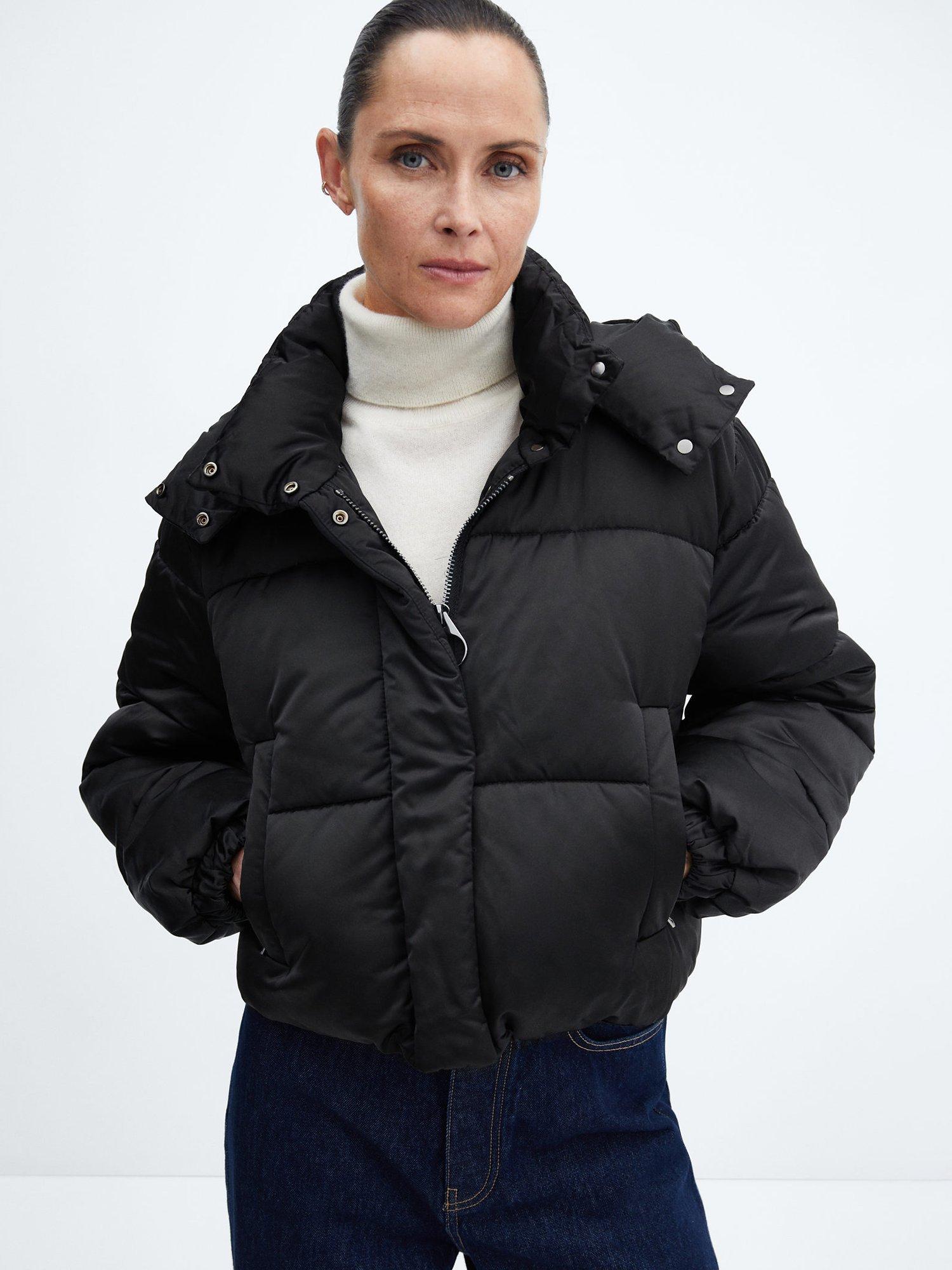 Mango Satini Short Quilted Detachable Hood Anorak, Black