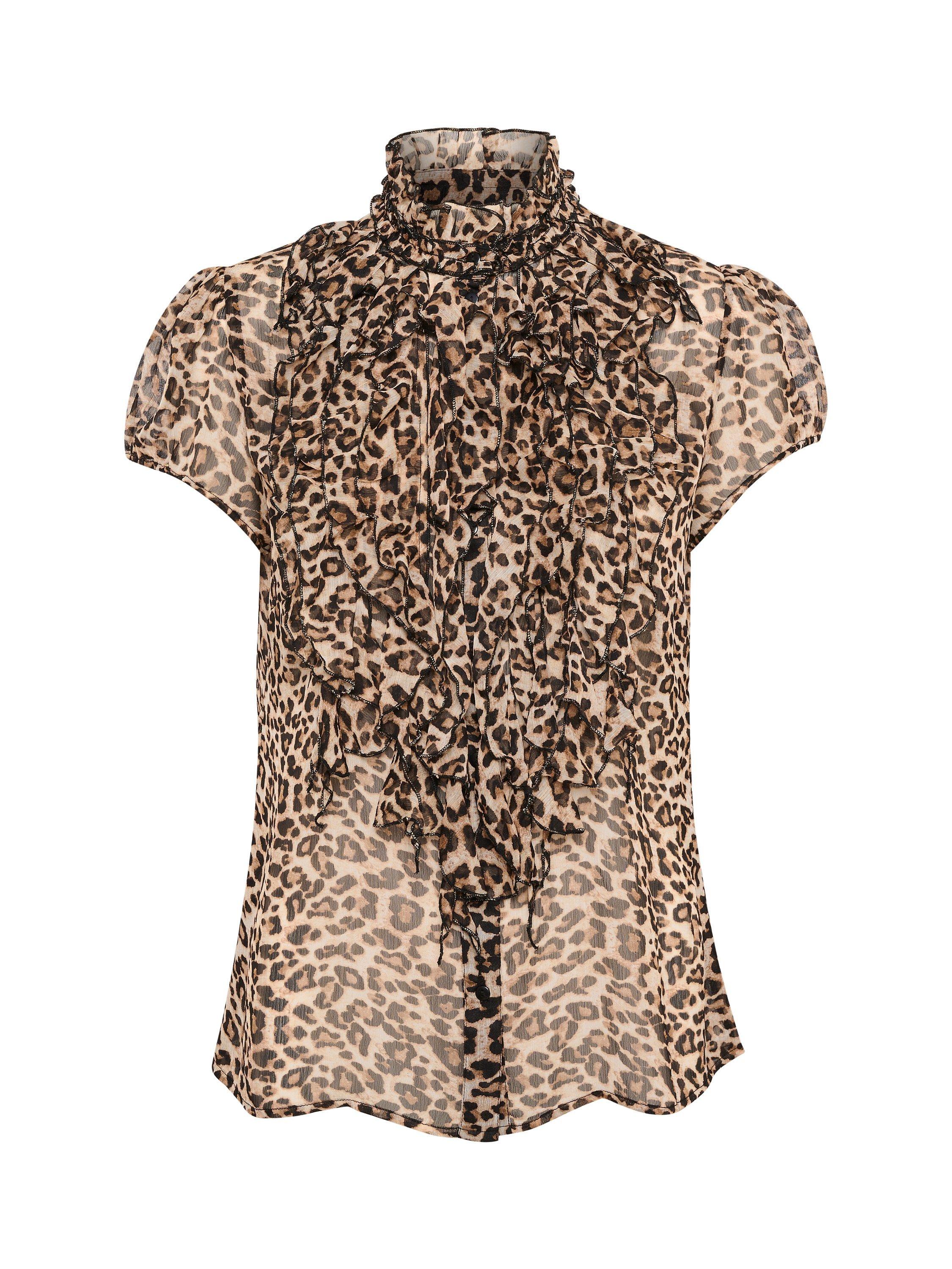 Product image 5 of 6, which shows Saint Tropez Lilja Leopard Print Crinkle Opaque Shirt, Black/Multi, XS