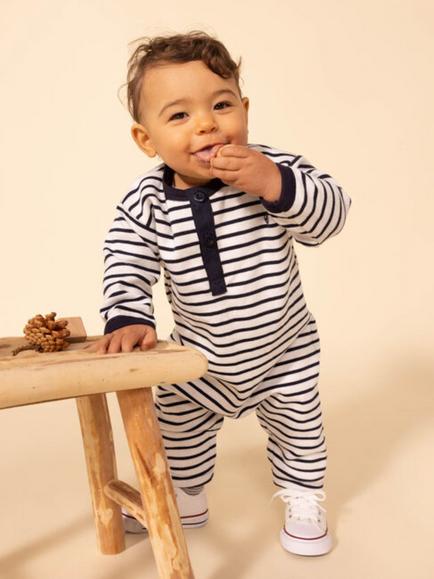 Petit Bateau Baby Breton Stripe Jumpsuit, Marshmallow/Smoke, Marshmallow/Smoke
