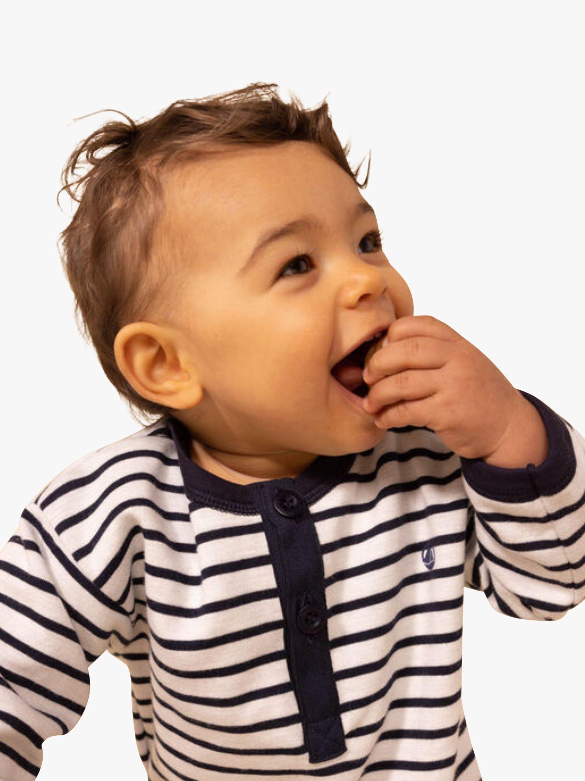 Petit Bateau Baby Breton Stripe Jumpsuit, Marshmallow/Smoke, 12 months