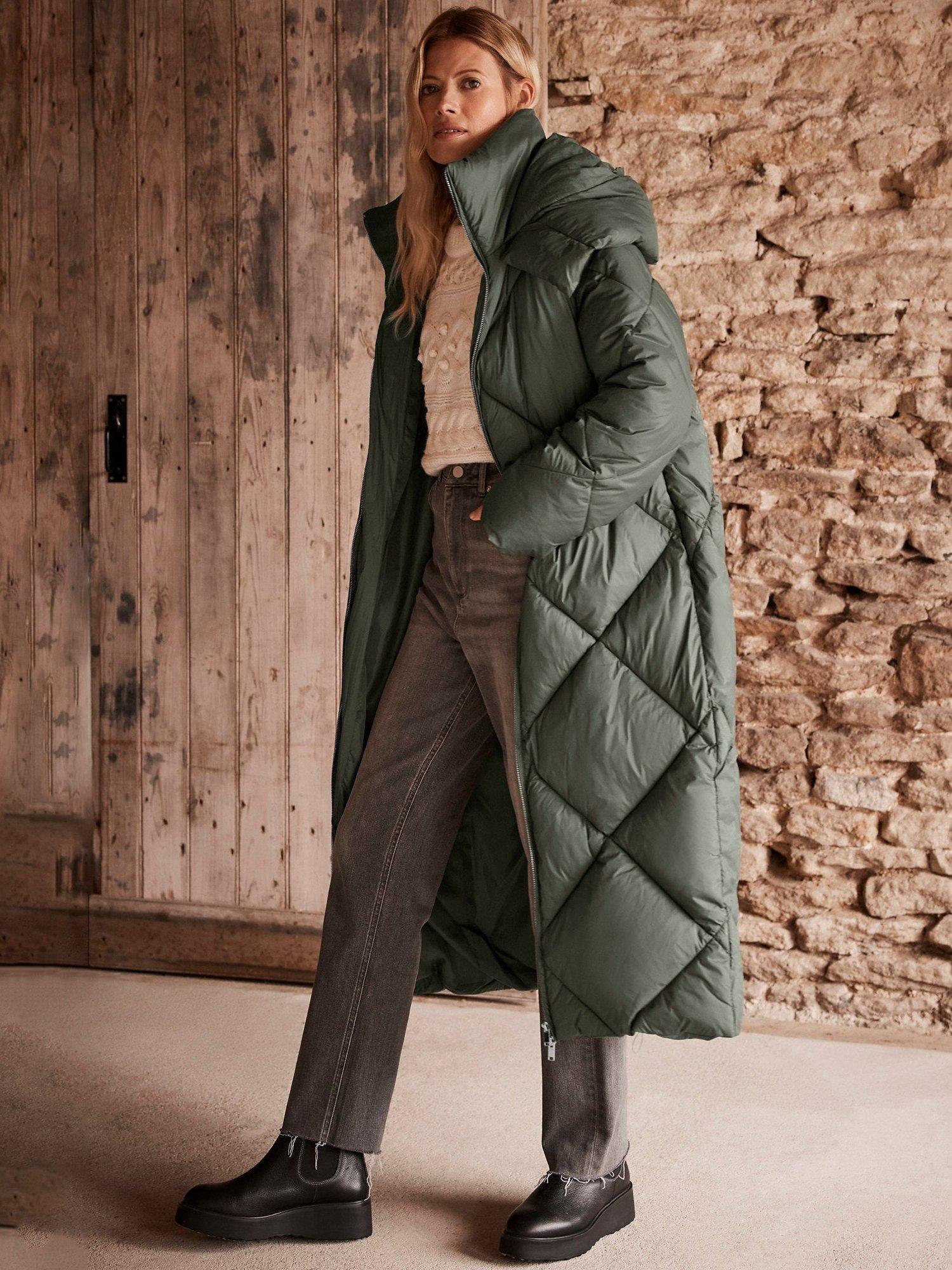 Mint Velvet Padded Longline Parka Coat, Green Khaki