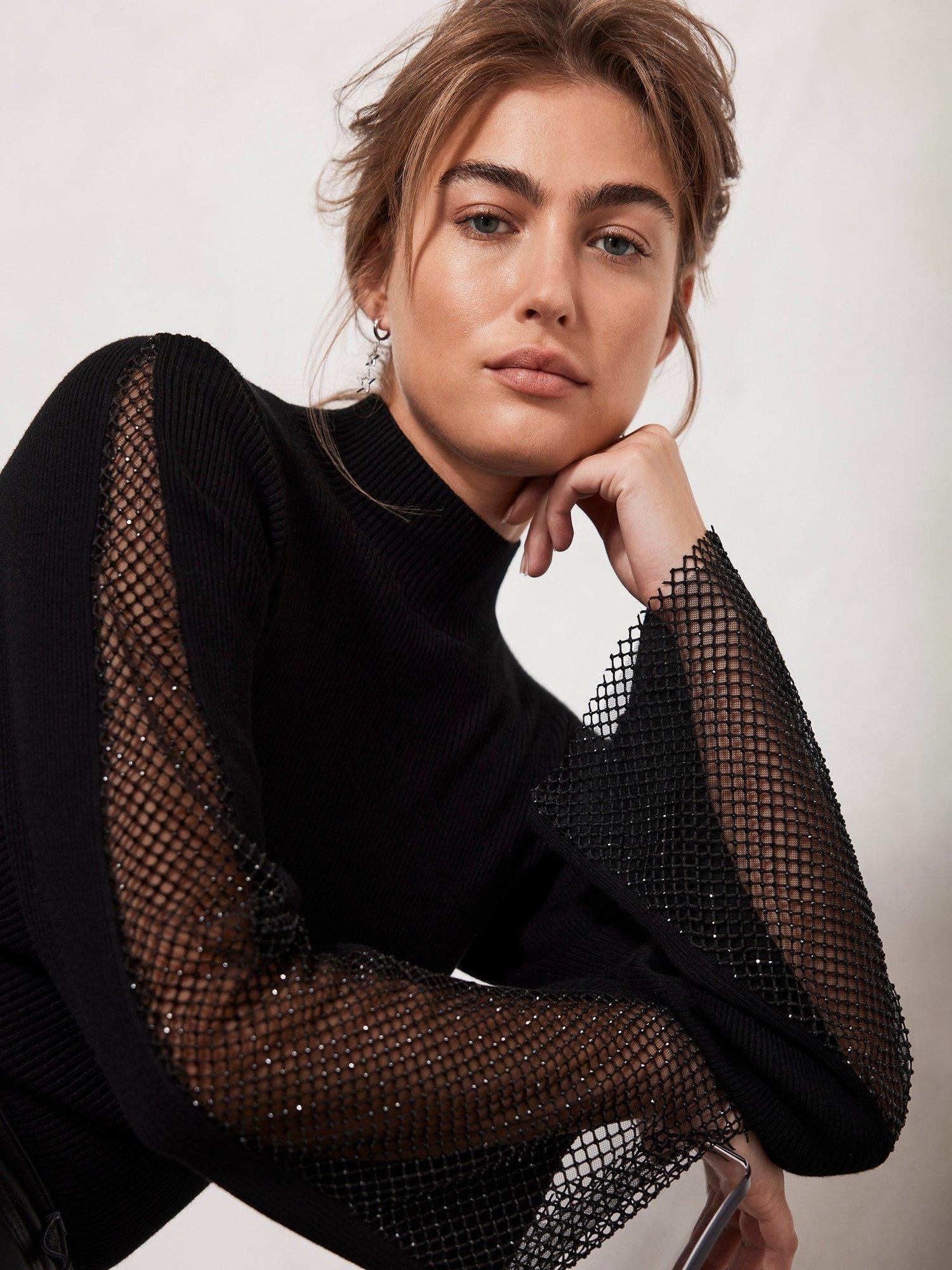 Mint Velvet Diamante Mesh Jumper, Black