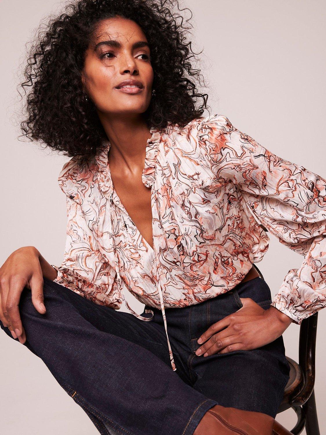 Mint Velvet Marble Print Tie Neck Blouse, Natural/Multi
