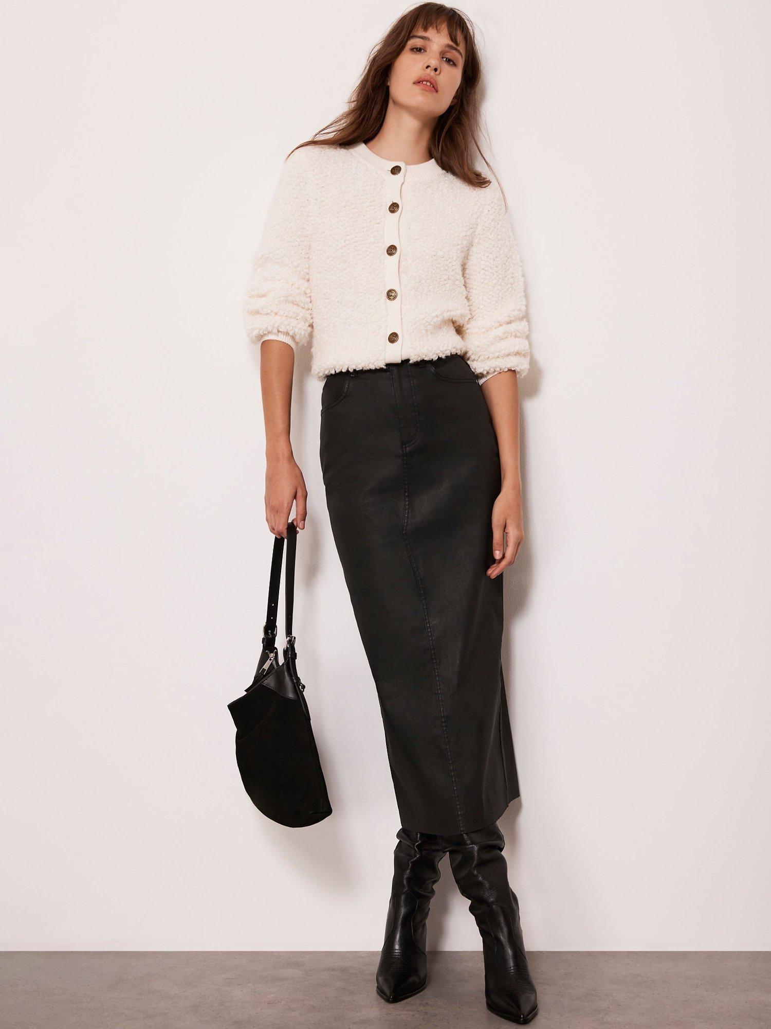 Mint Velvet Coated Denim Midi Skirt, Black