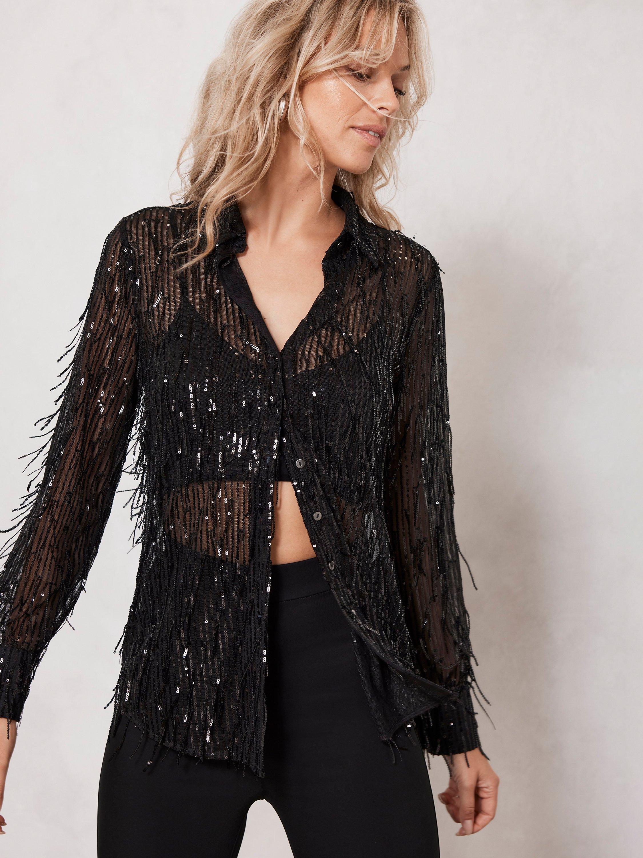 Mint Velvet Sequin Tassel Shirt, Black