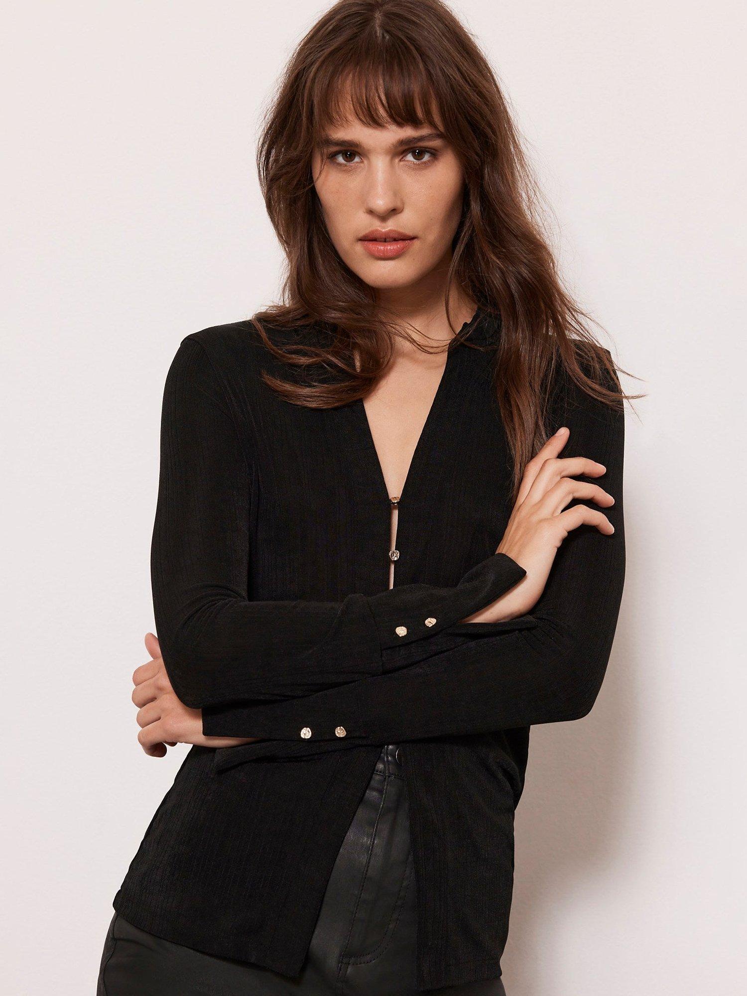 Mint Velvet Button Front Sheer Fitted Shirt, Black