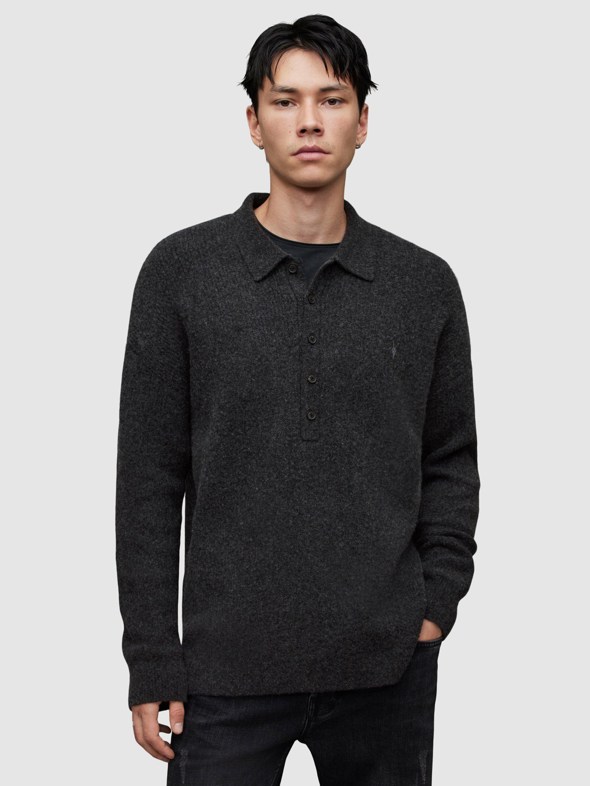 AllSaints Shapley Long Sleeve Polo Shirt, Cinder Black Marl