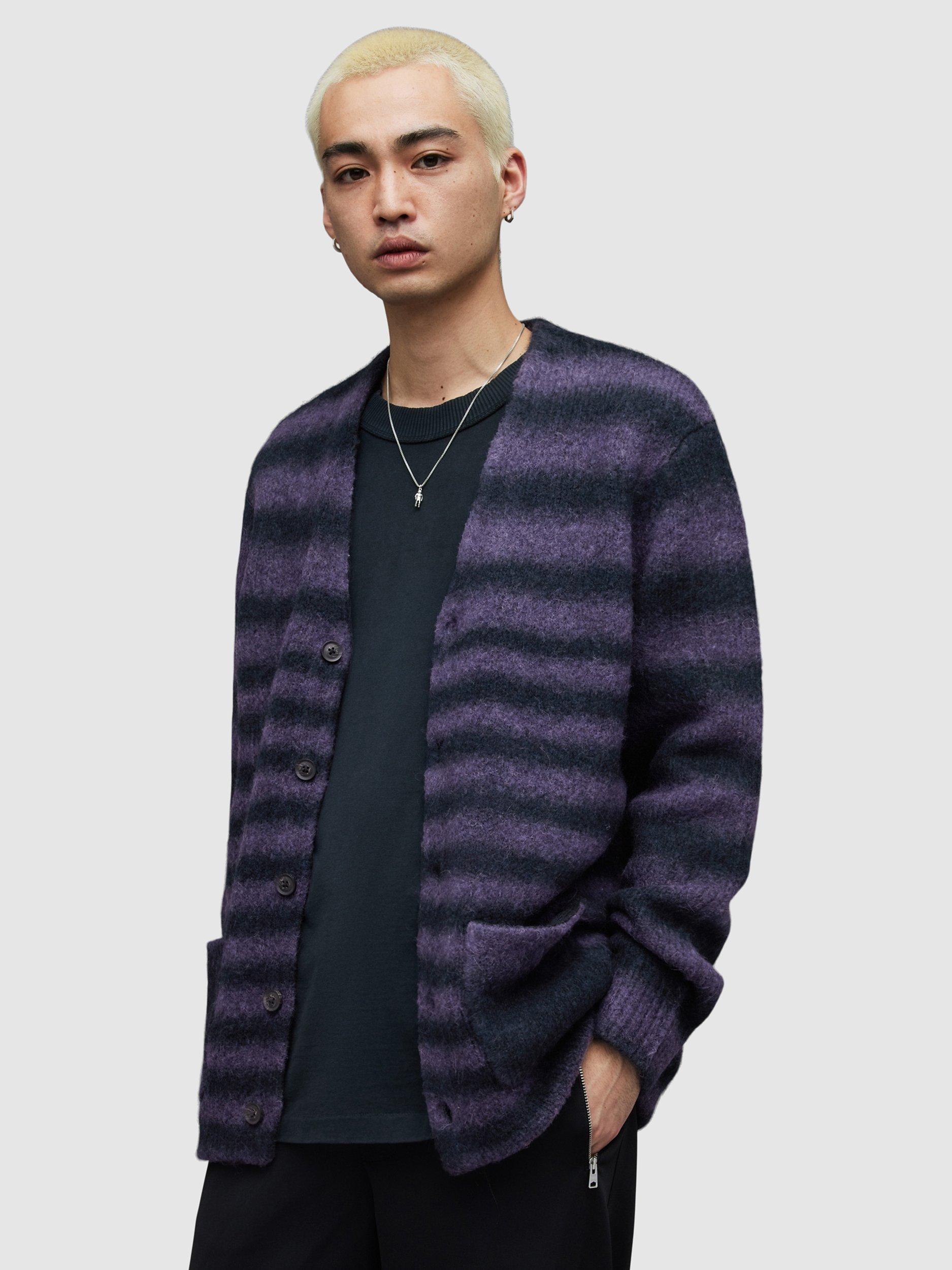AllSaints Volt Wool Blend Striped Cardigan, Ink/Navy