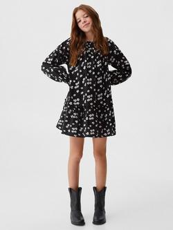Mango Kids' Floral Print Ruched Sleeve Tiered Dress, Black - view 2, Black