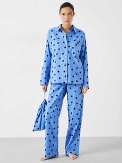 HUSH Sadie Cotton Flannel Polka Dot Pyjamas, Blue/Black, Rand Polka Dot  Blue