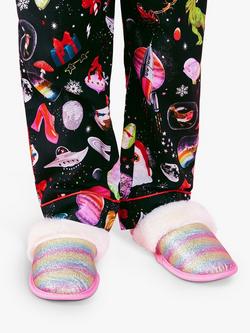 Angels by Accessorize Kids' Glitter Stripe Faux Fur Trim Mule Slippers, Multi - view 2, 