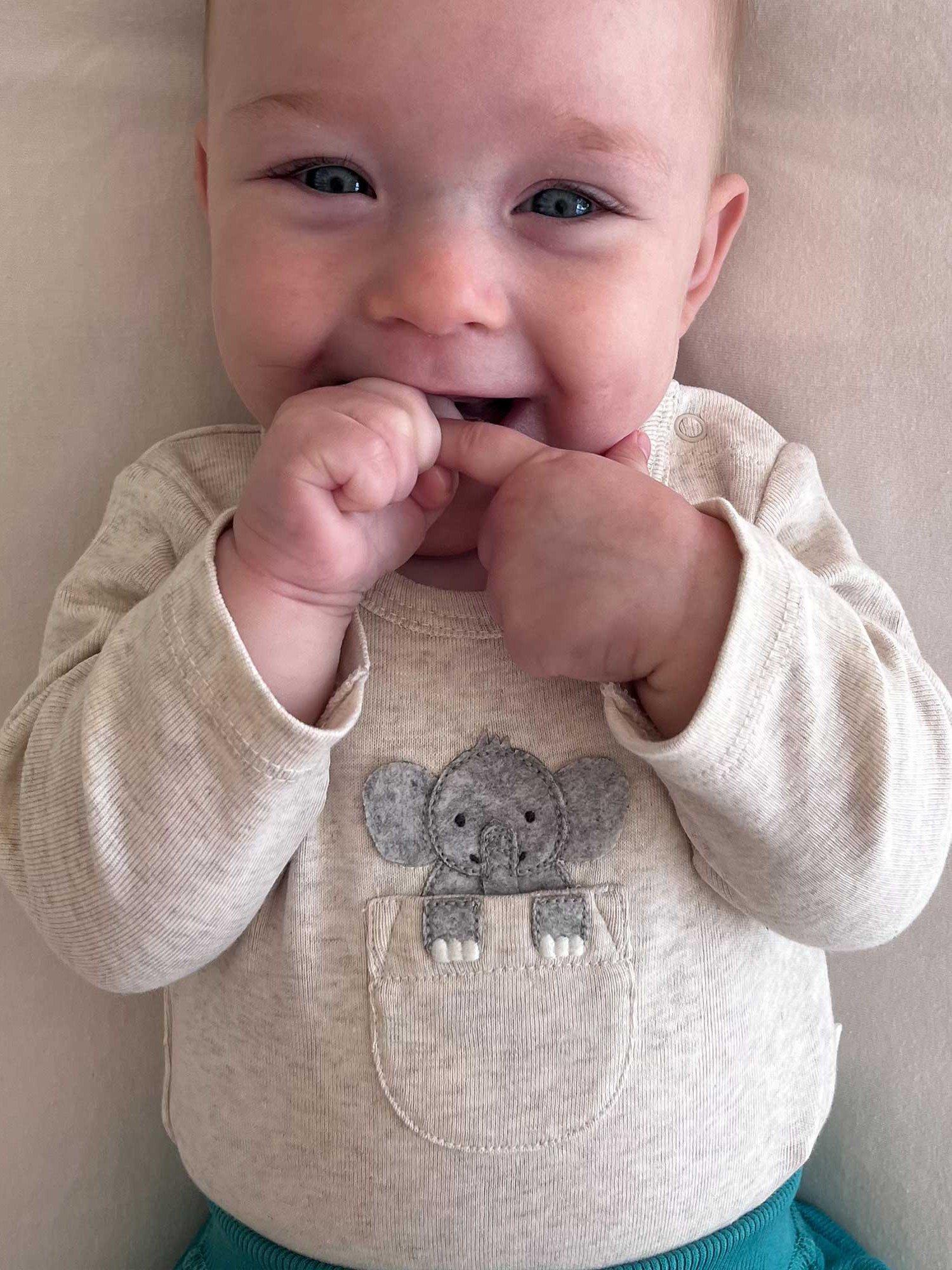 Purebaby Baby Organic Cotton Peekaboo Elephant Long Sleeve Bodysuit, Oat Melange