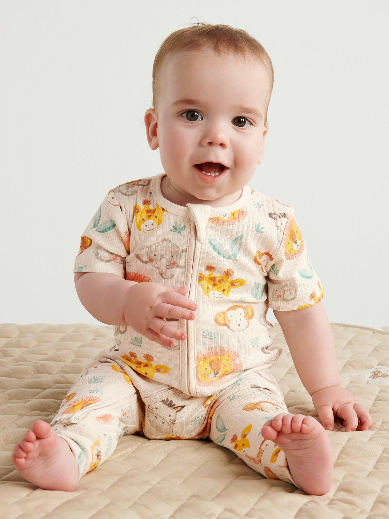 Purebaby Baby Organic Cotton Blend Rib Animal Print Zip Through Growsuit, Multi
