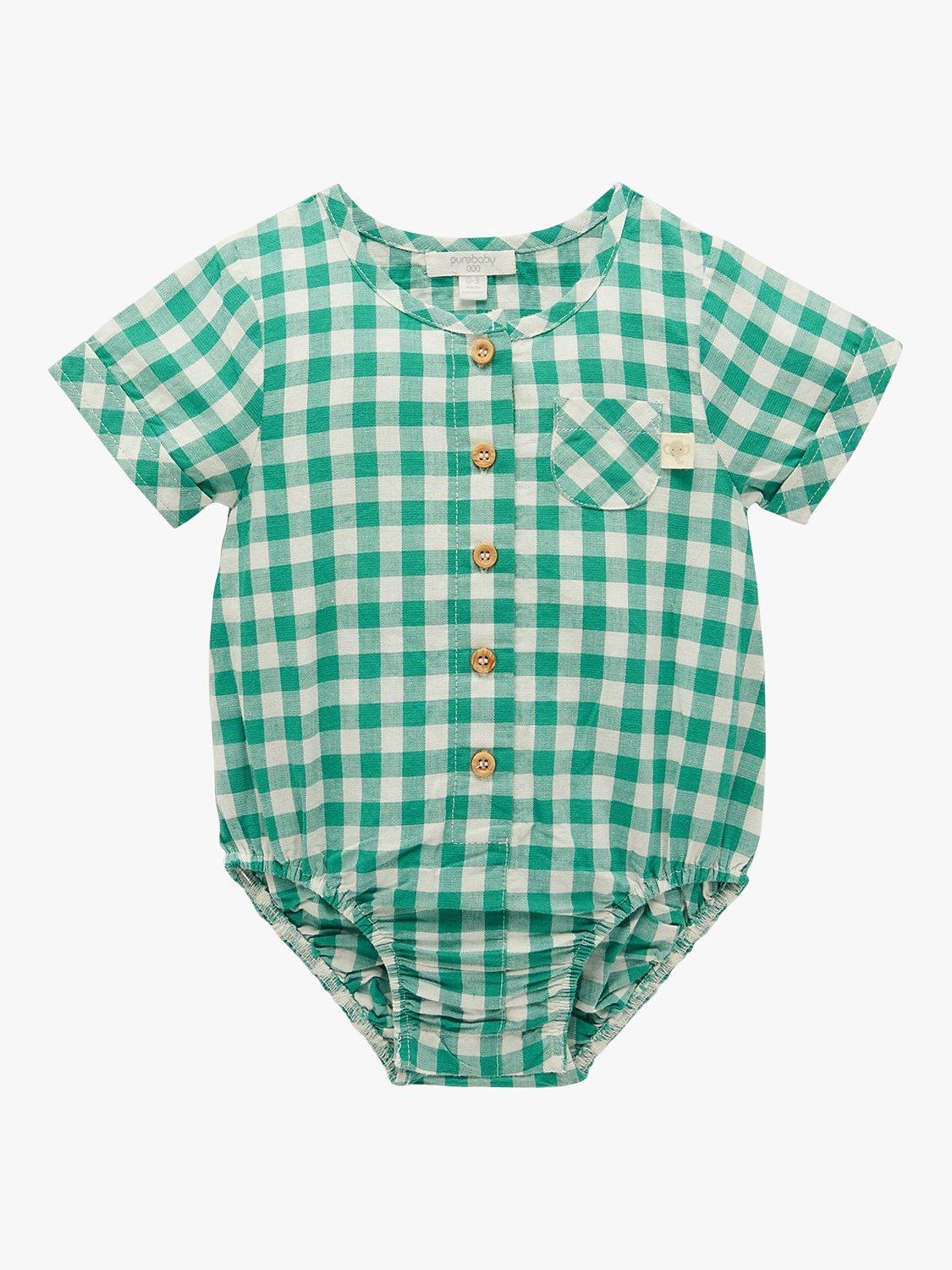 Purebaby Baby Organic Cotton & Linen Blend Gingham Bodysuit, Green, 3-6 months