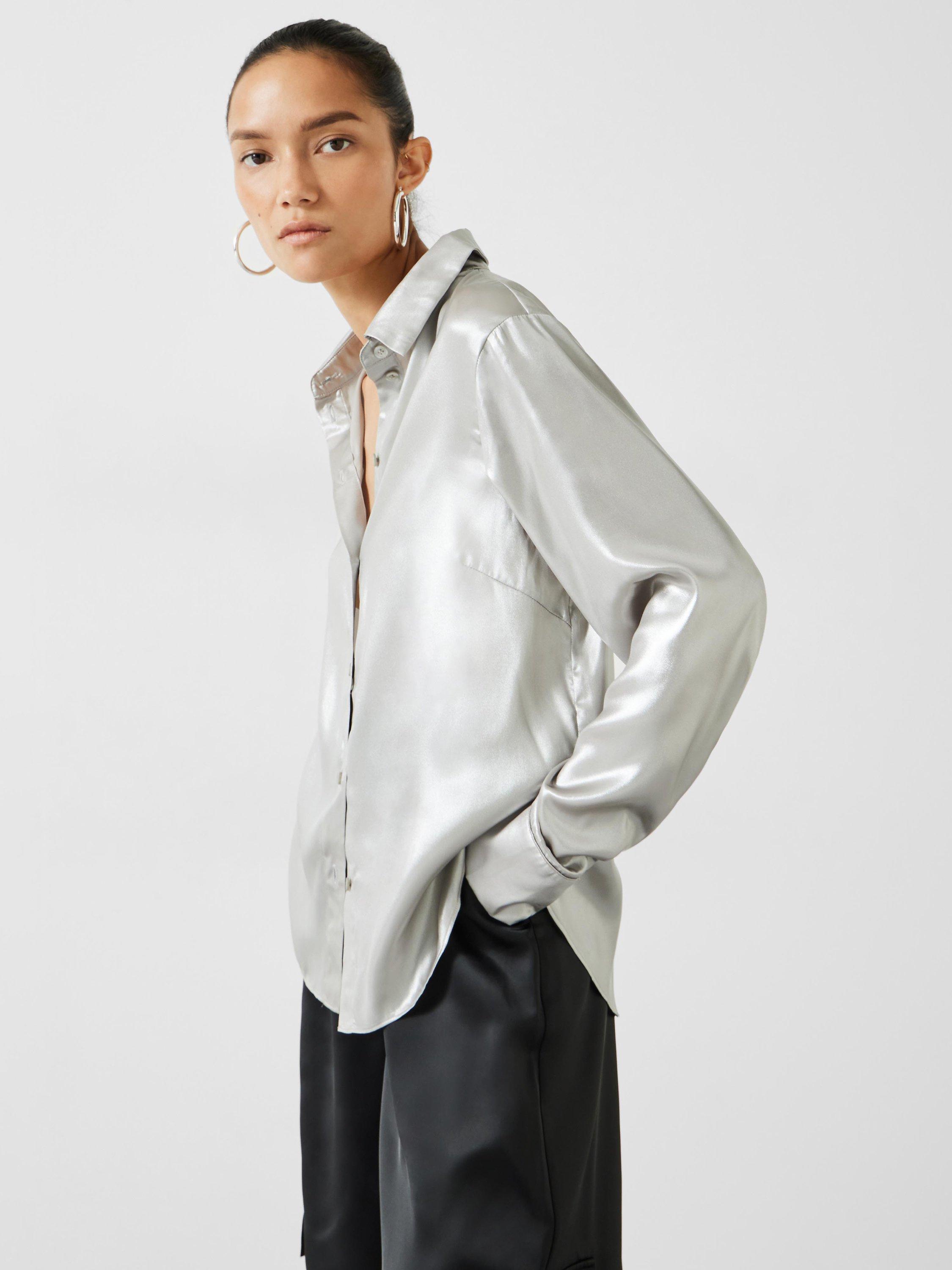 HUSH Natasha Relaxed Fit Satin Shirt, Liquid Silver Metallic
