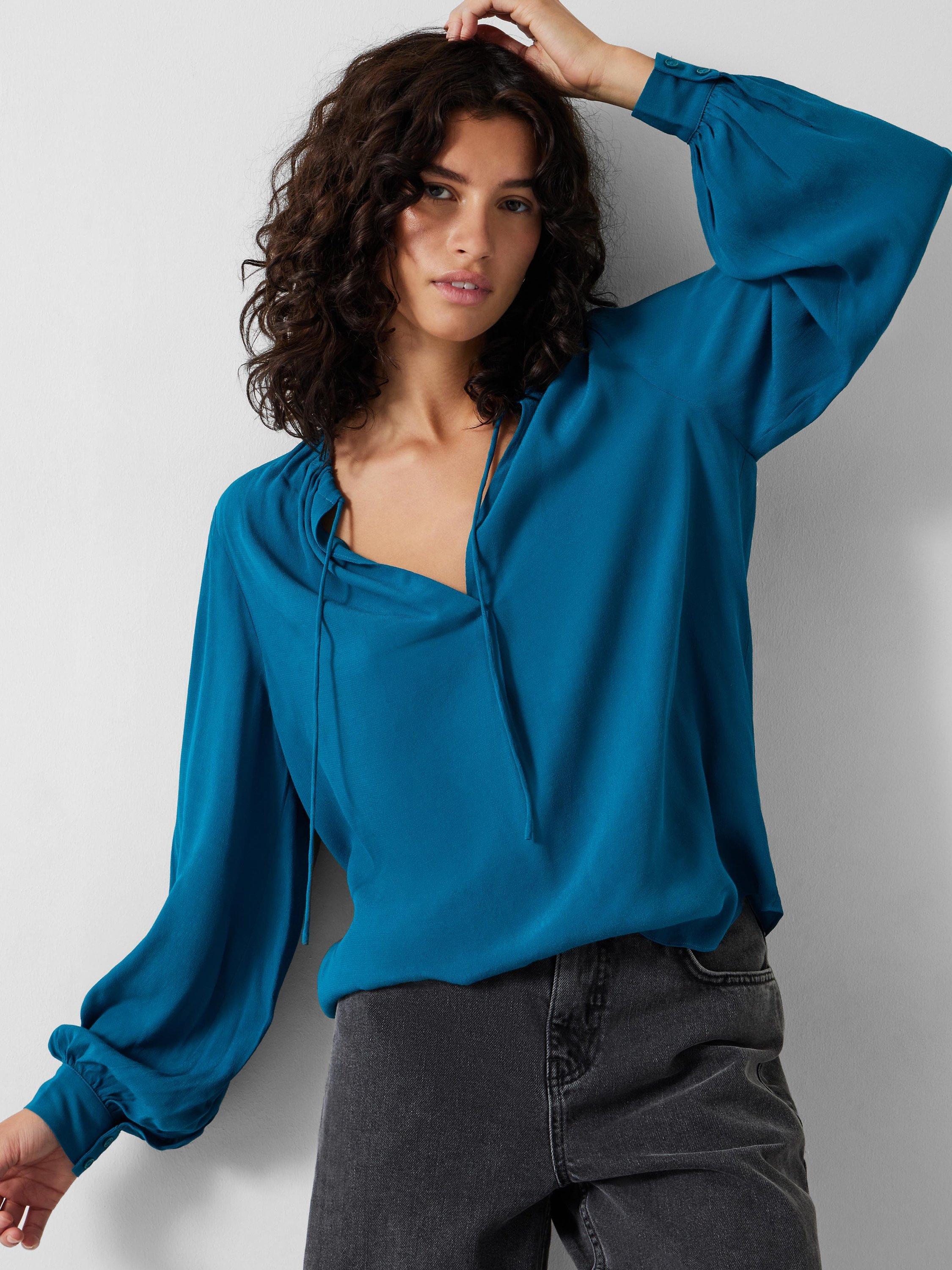 HUSH Serafina Tie V Neck Blouse, Deep Blue