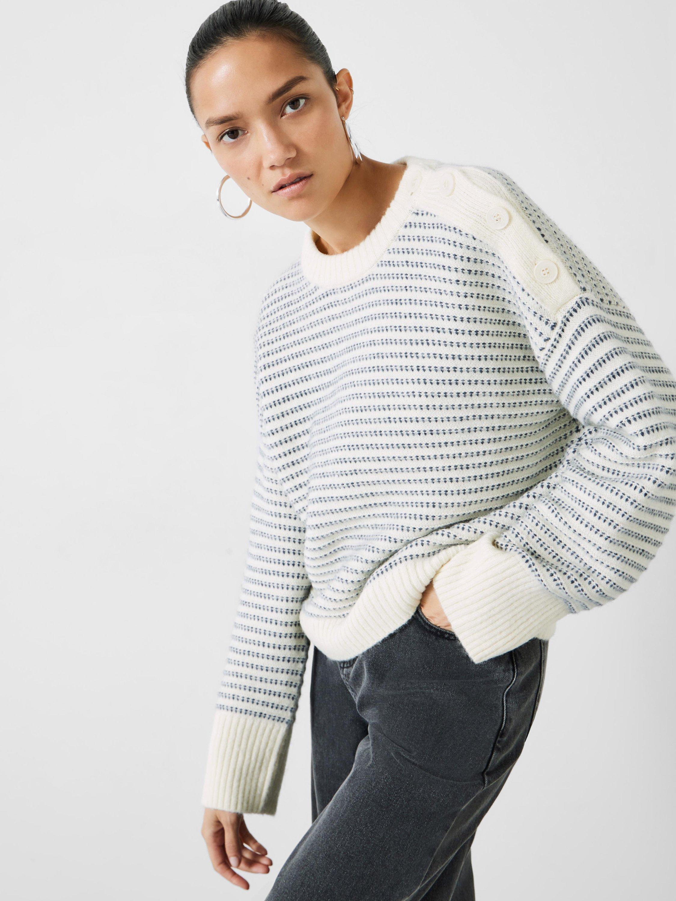 HUSH Zoya Striped Button Shoulder Jumper Ecru Blue