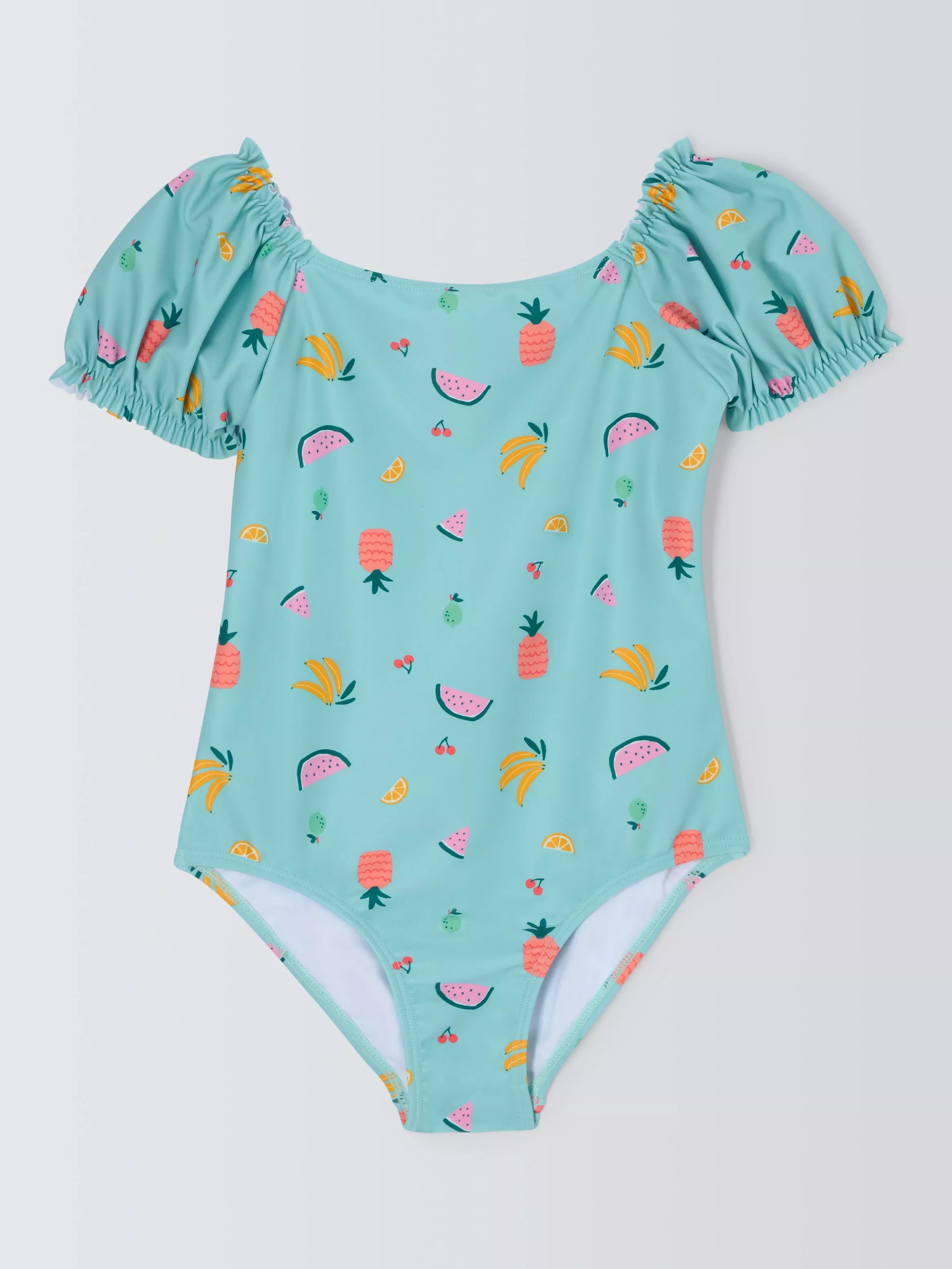 John Lewis Kids Ditsy Fruit Print Puff Sleeve Swimsuit Green Muti