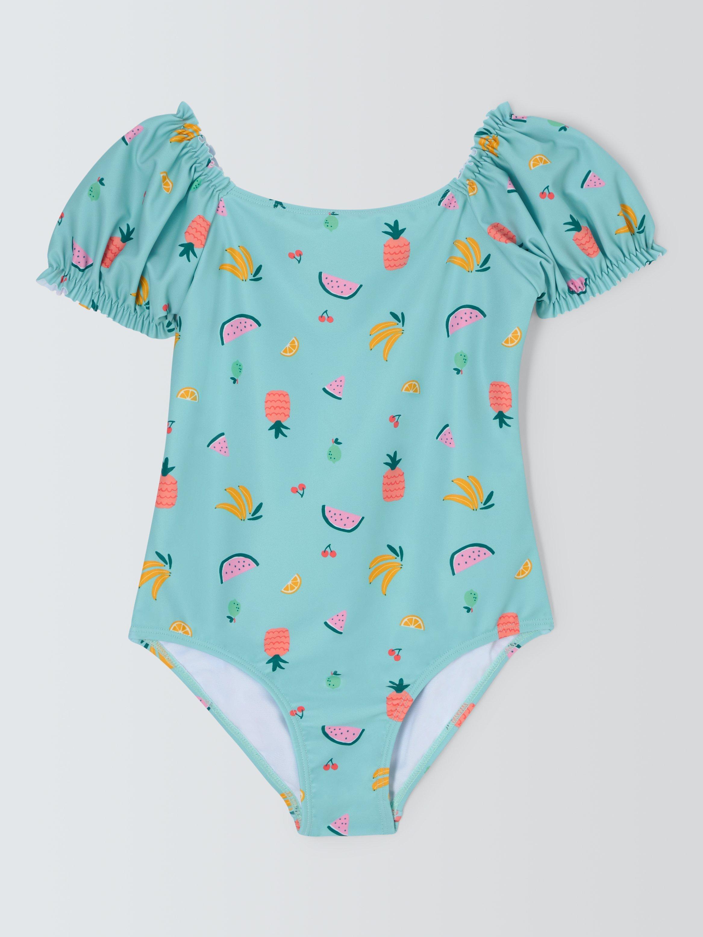John Lewis Kids' Ditsy Fruit Print Puff Sleeve Swimsuit, Green/Muti