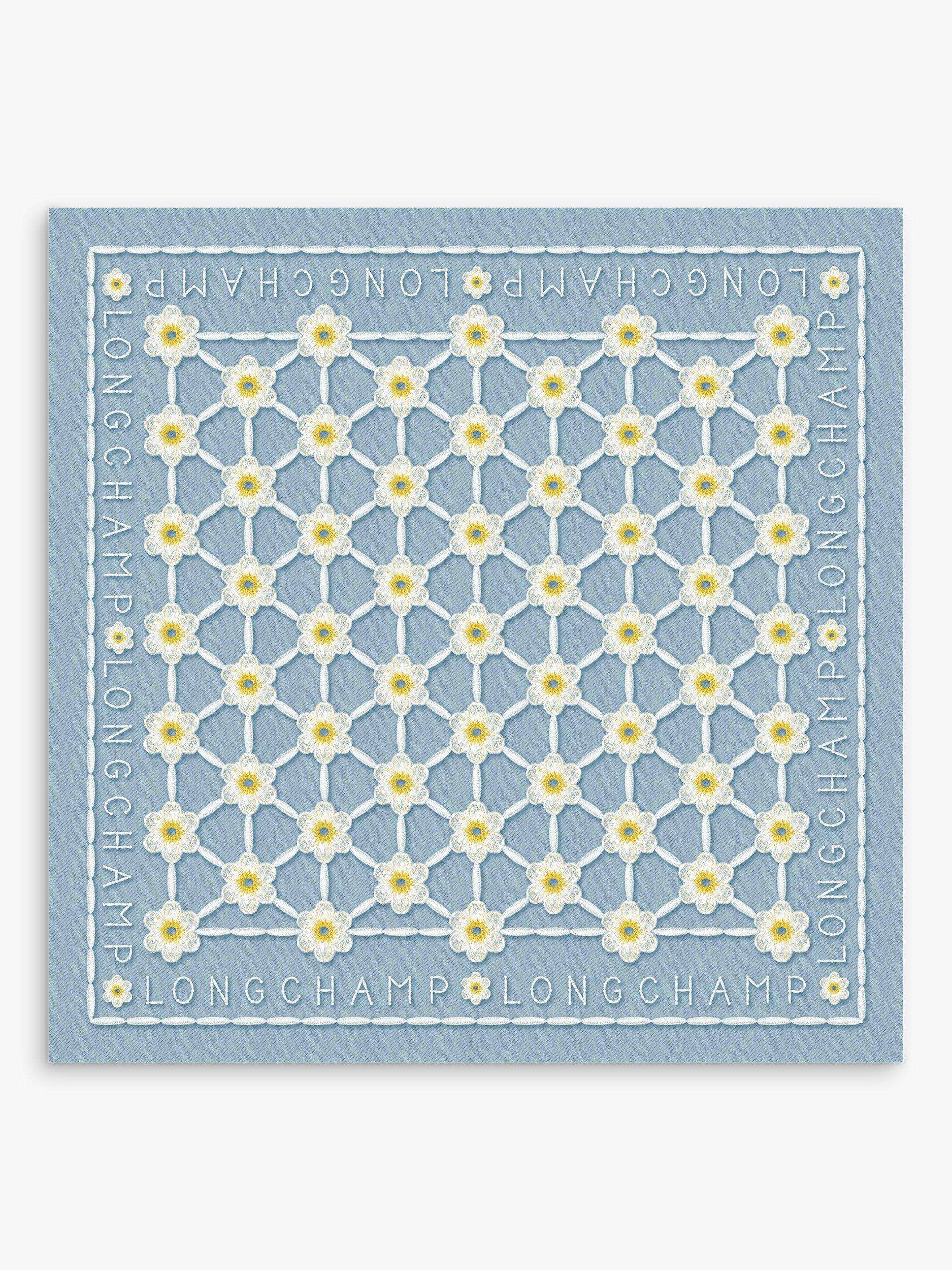 Longchamp Graphic Embroidered Daisy Print Silk Square Scarf, Sky Blue/Multi, One Size