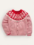 Mini Boden Kids' Fun Fair Isle Hearts Knit Cardigan, Almond Pink