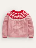 Mini Boden Kids' Fun Fair Isle Hearts Knit Cardigan, Almond Pink