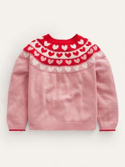 Mini Boden Kids' Fun Fair Isle Hearts Knit Cardigan, Almond Pink - view 2, Almond Pink