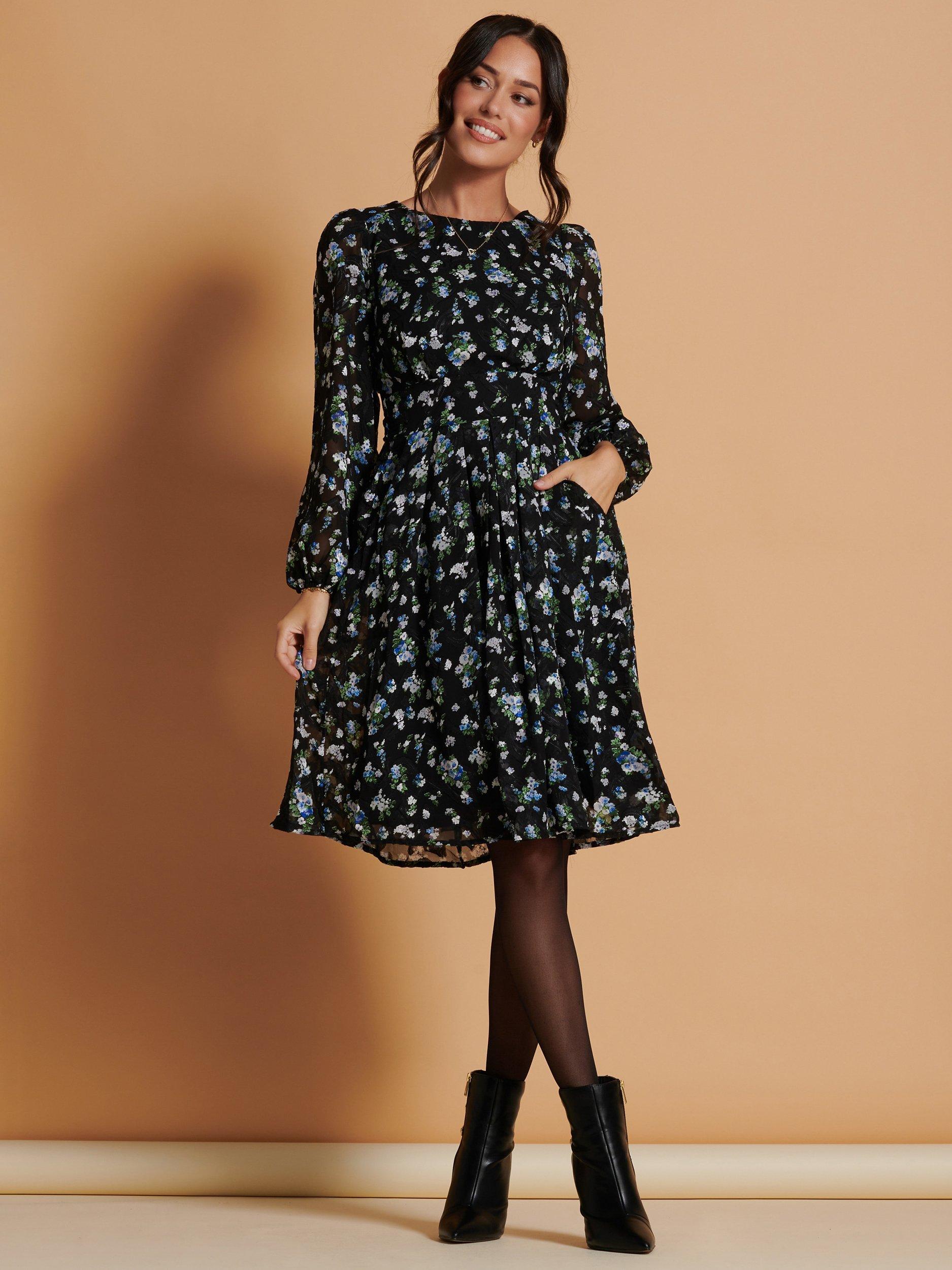 Jolie Moi Long Sleeve Floral Chiffon Flared Dress, Black/Multi