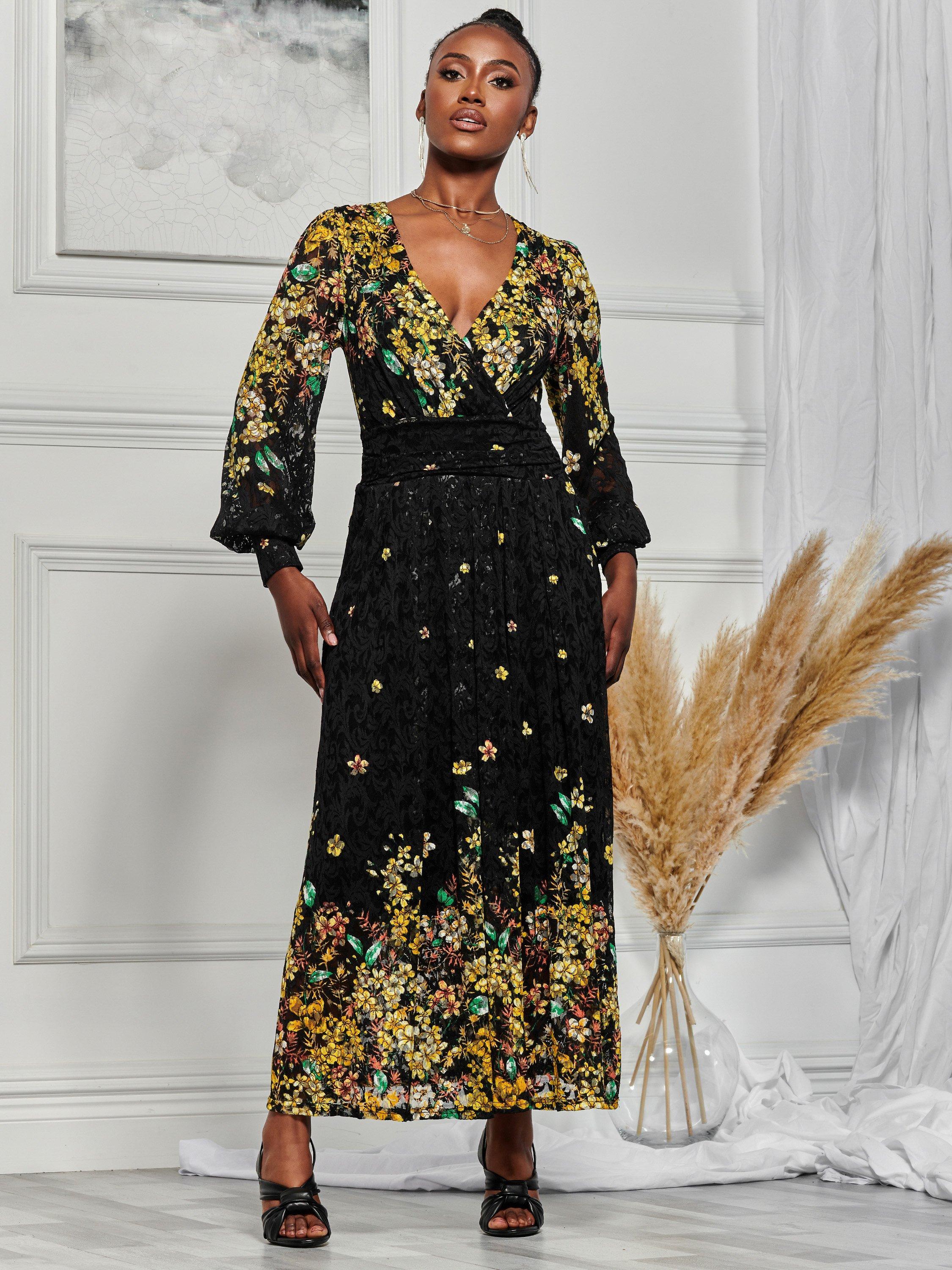 Jolie Moi Amica Symmetrical Floral Print Lace Maxi Dress Black Multi