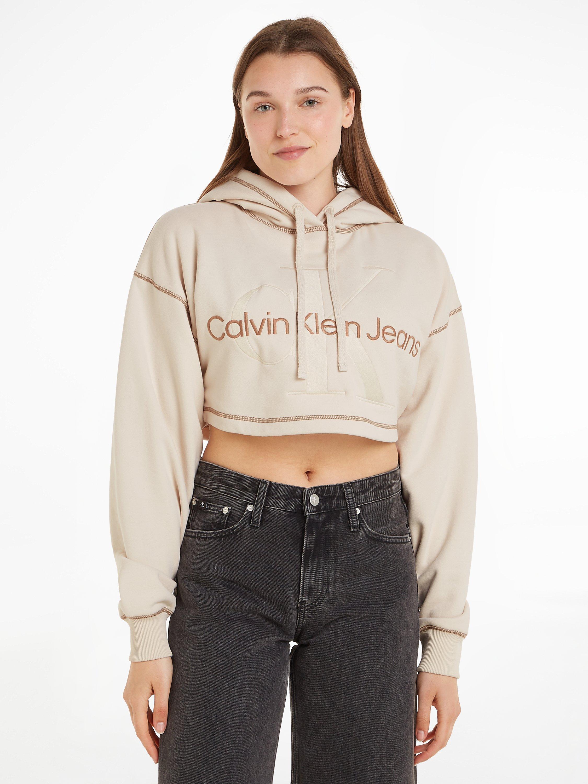 Calvin Klein Jeans Monologo Crop Hoodie, Ivory