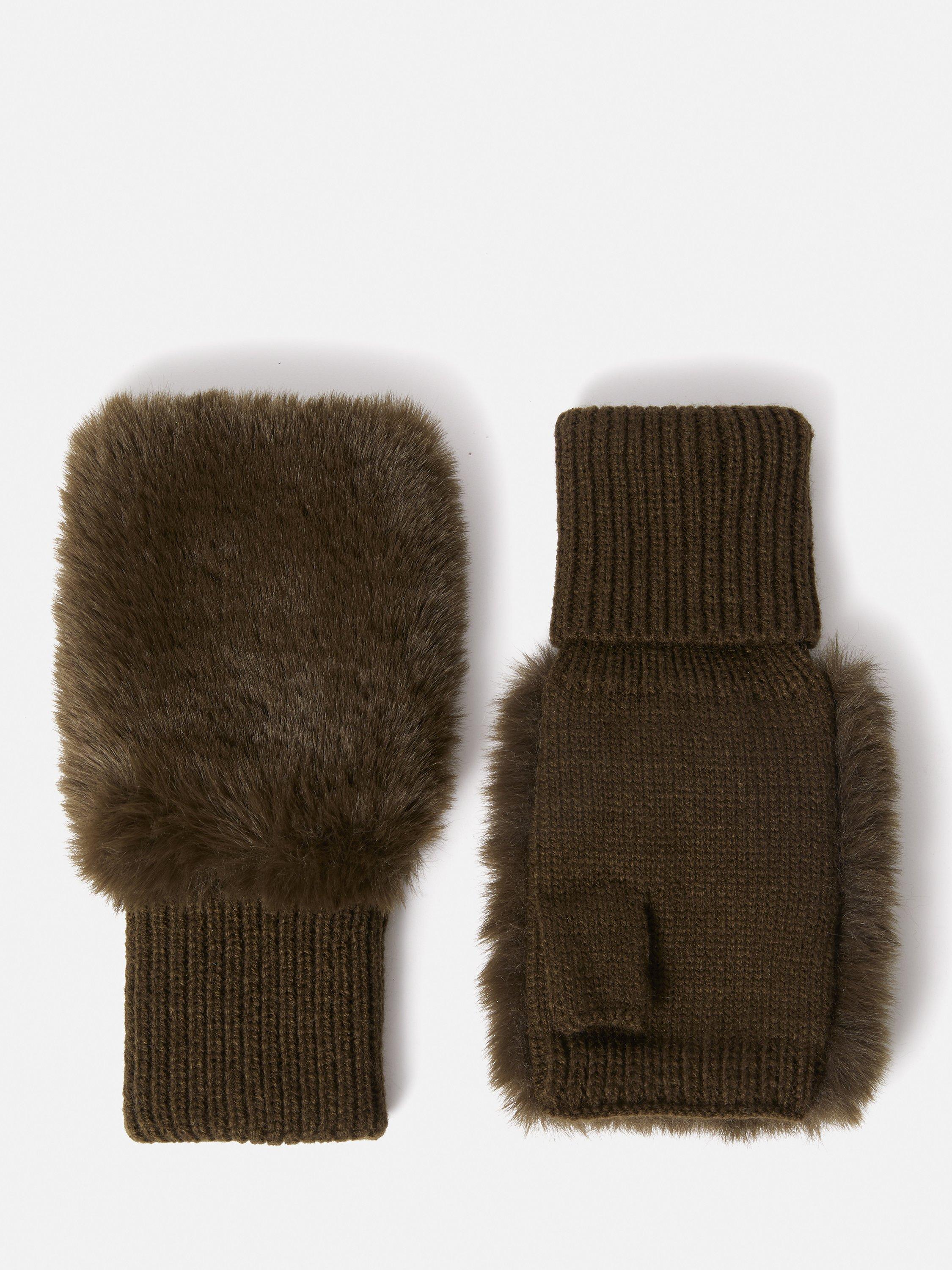 Jigsaw Faux Fur Mittens, Khaki, One Size