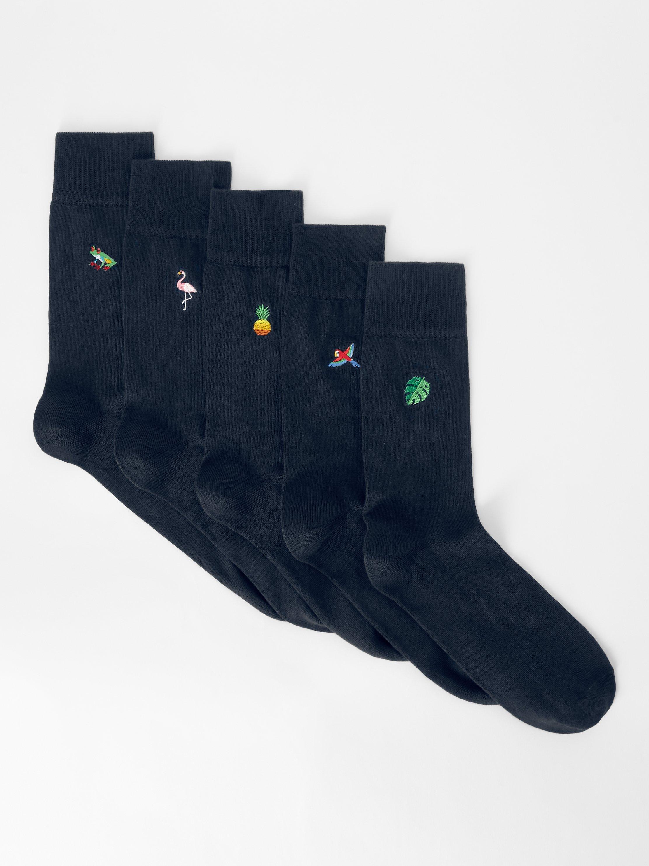Product image 1 of 2, which shows John Lewis Embroidered Tropical Socks, Pack of 5, Blue/Multi, S