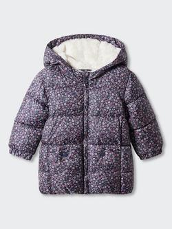 Mango Kids' Julong Floral Print Quilted Long Hooded Coat, Navy, Navy