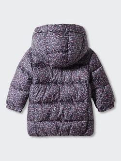Mango Kids' Julong Floral Print Quilted Long Hooded Coat, Navy - view 2, Navy
