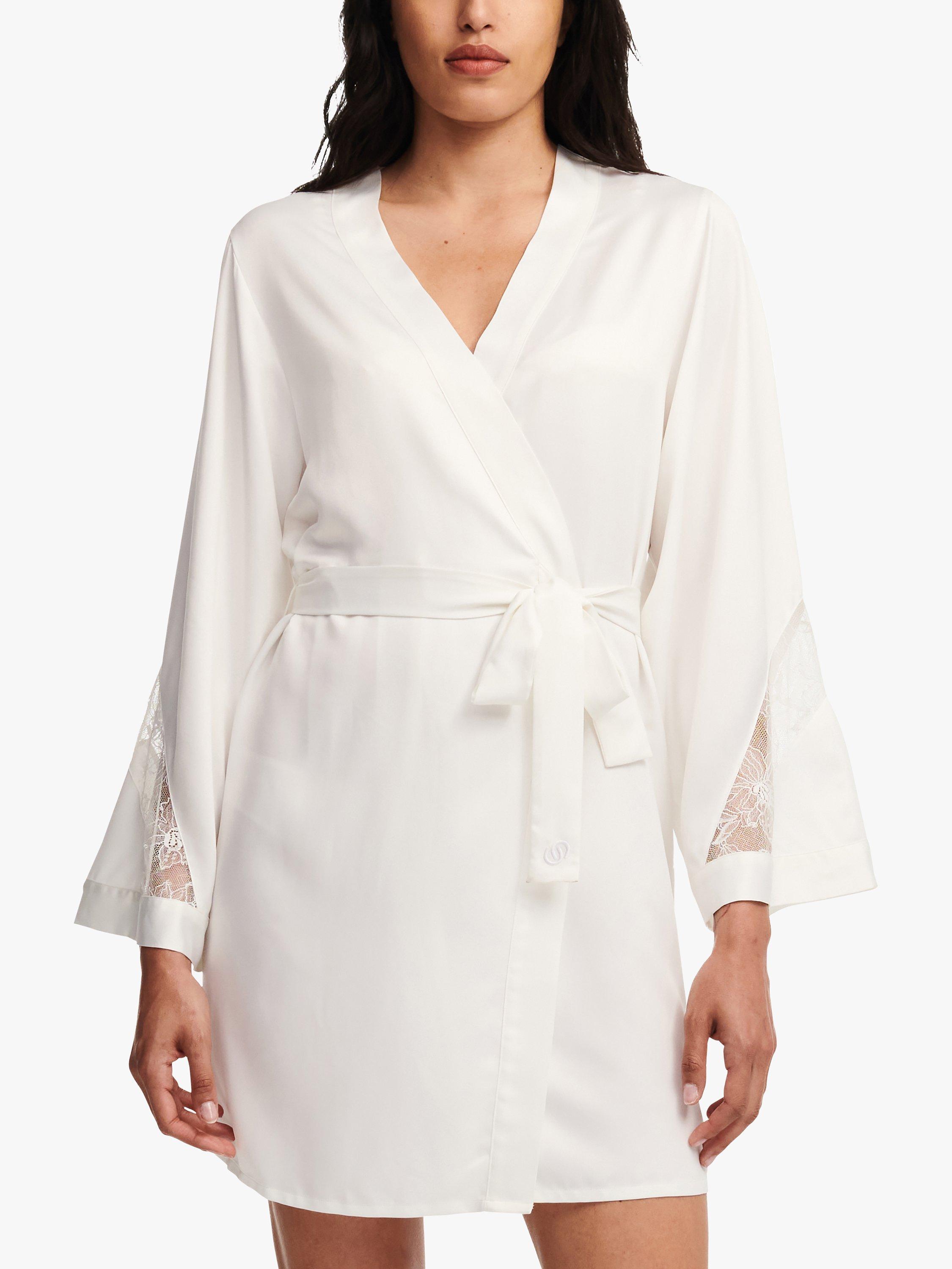 Product image 1 of 5, which shows Chantelle Orchids Satin Kimono Robe, Milk, L