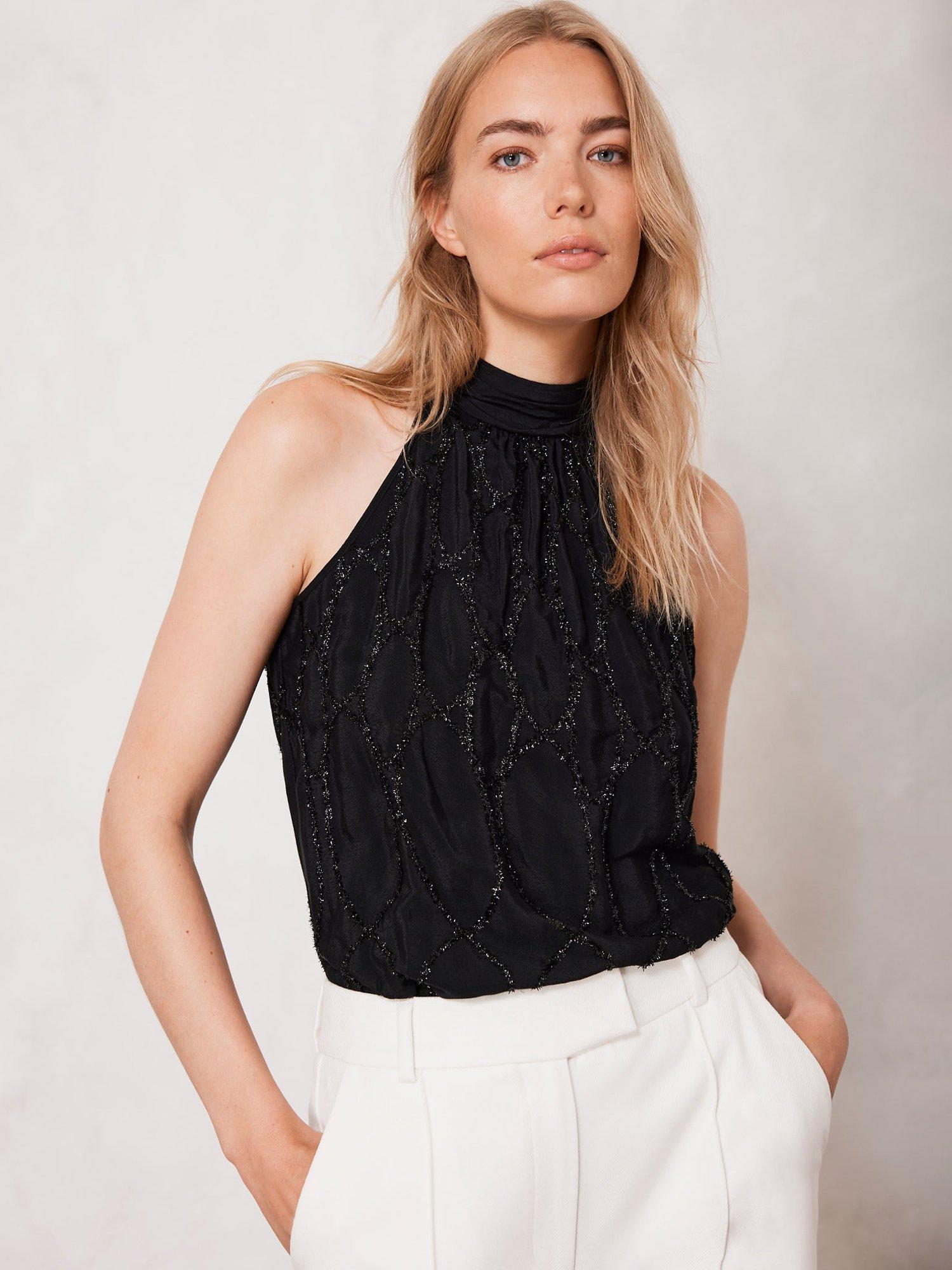 Mint Velvet Metallic Halter Top, Black