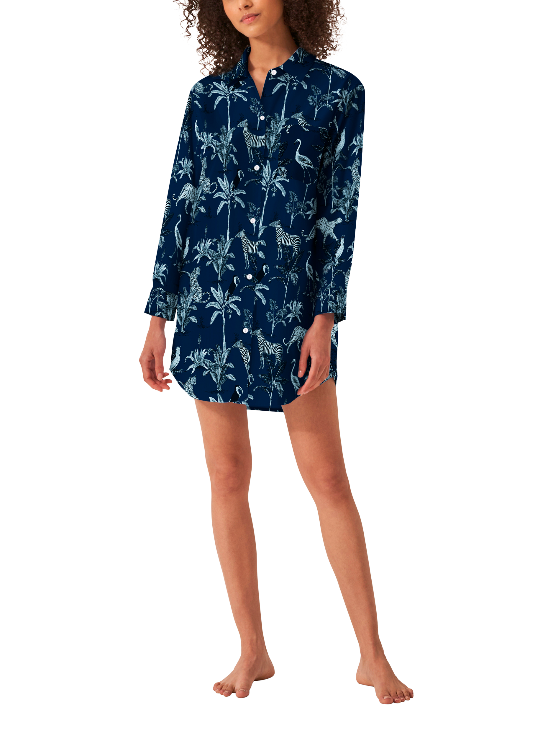 Product image 1 of 1, which shows myza Botanical Jungle Organic Cotton Nightshirt, Navy, S