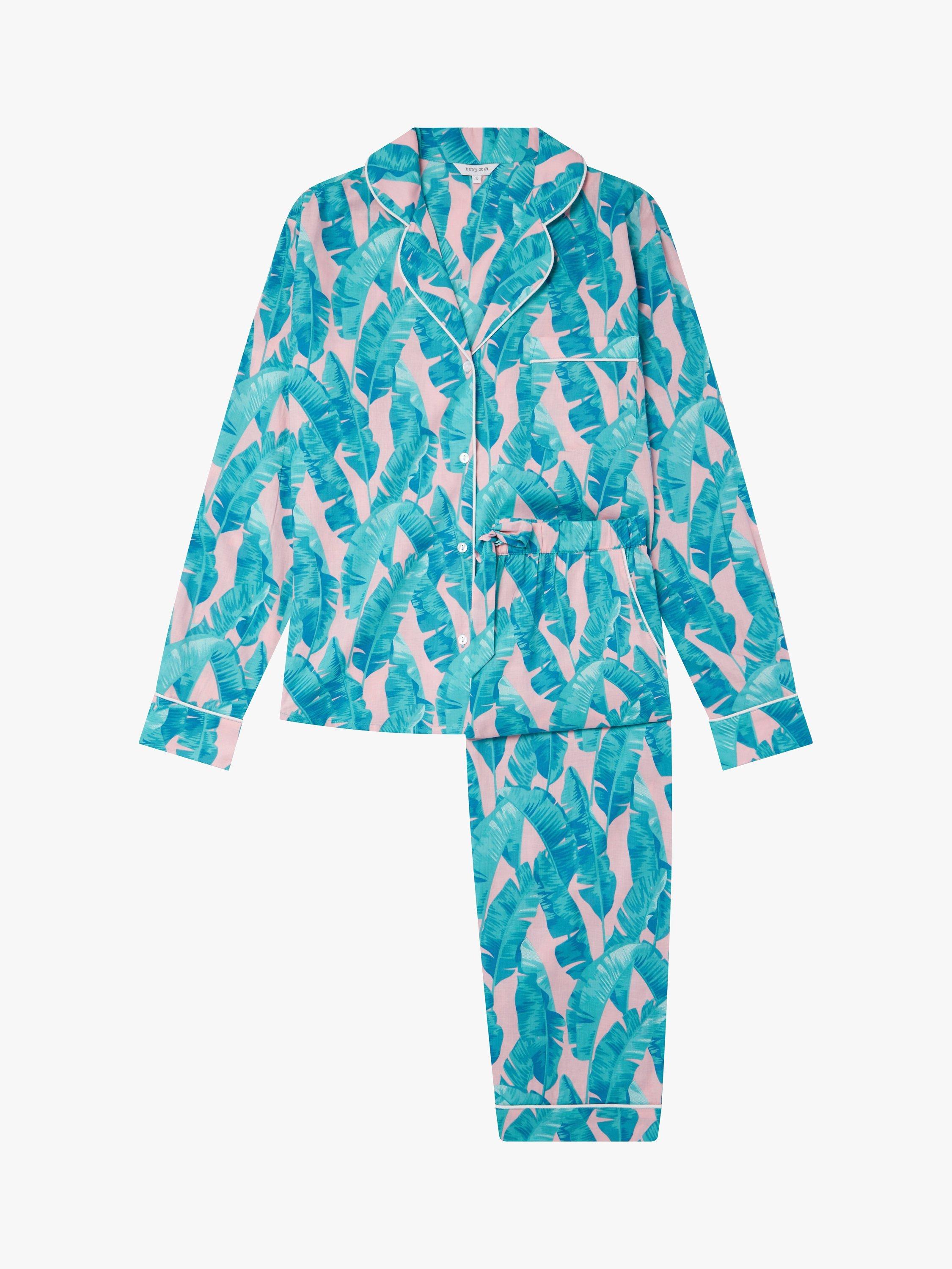 Product image 1 of 1, which shows myza Banana Organic Cotton Long Sleeve Pyjama Trouser Set, Blue/Pink, L