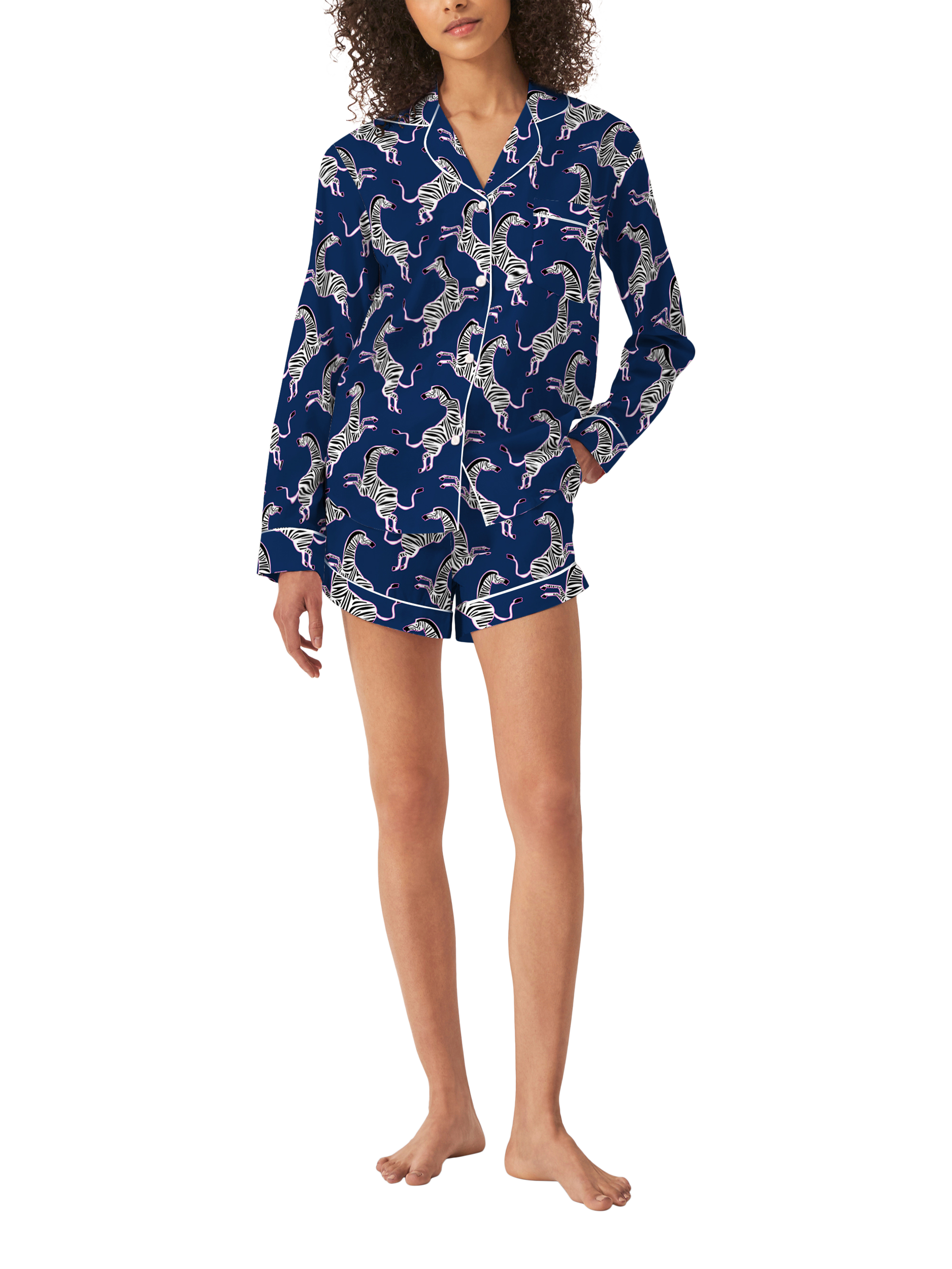 Product image 1 of 1, which shows myza Zebra Organic Cotton Short Pyjamas, Navy/Pink, XS