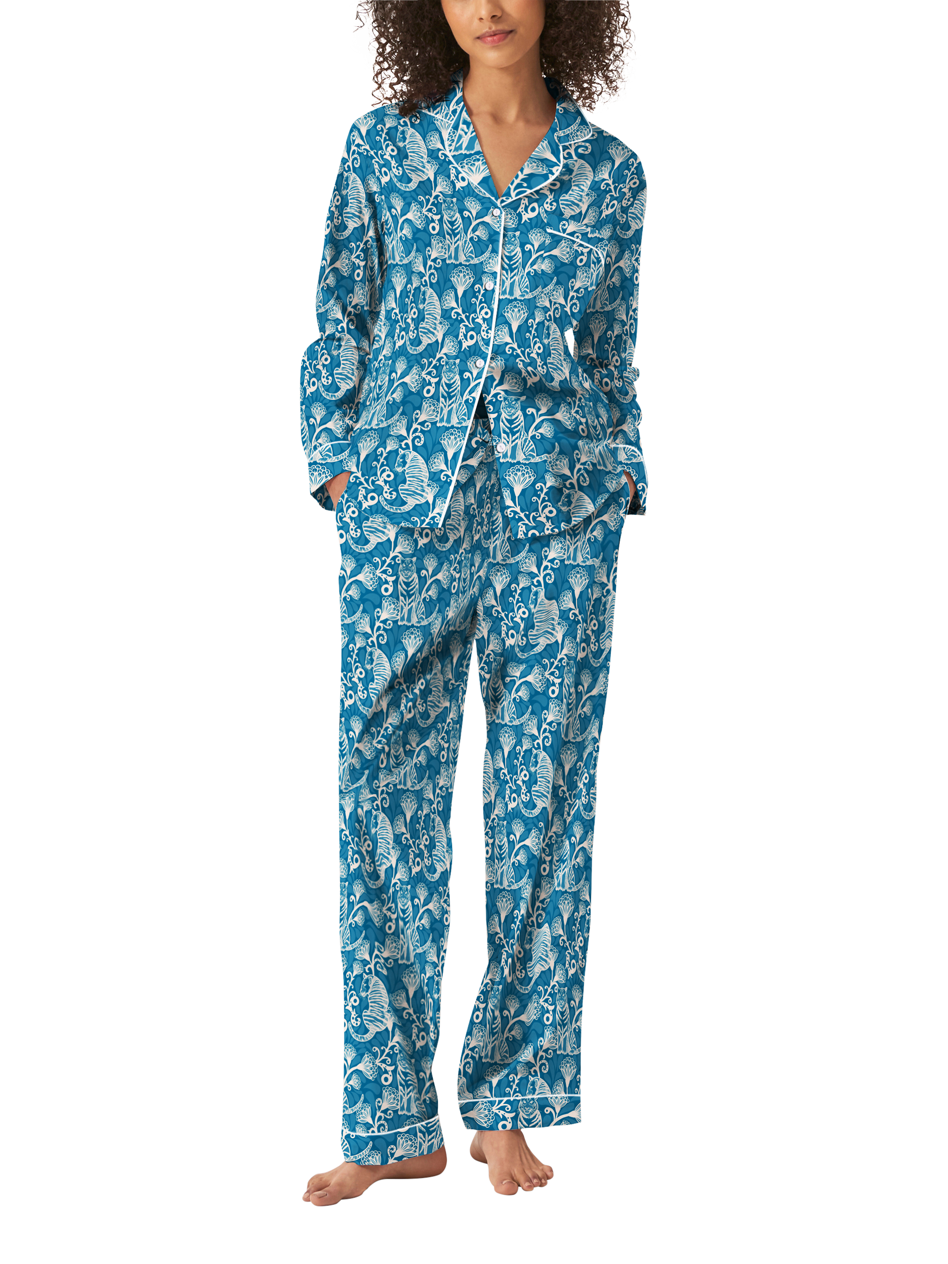 Product image 1 of 1, which shows myza Tiger & Florals Organic Cotton Long Sleeve Pyjama Trouser Set, Green, XS