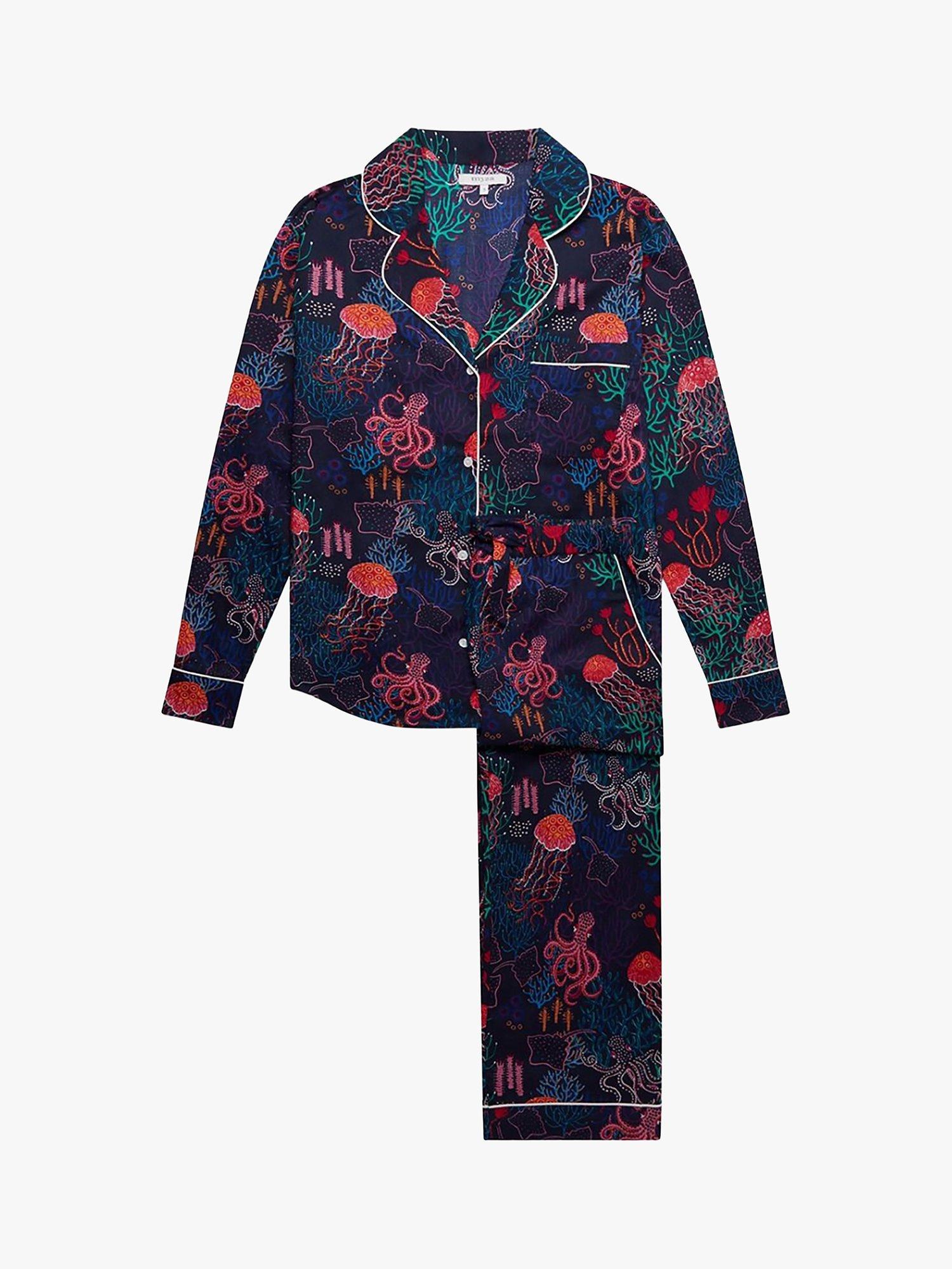 Product image 1 of 1, which shows myza Dark Sea Organic Cotton Pyjamas, Navy/Multi, XL