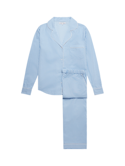 myza Striped Organic Cotton Long Sleeve Pyjama Trouser Set, Blue/White