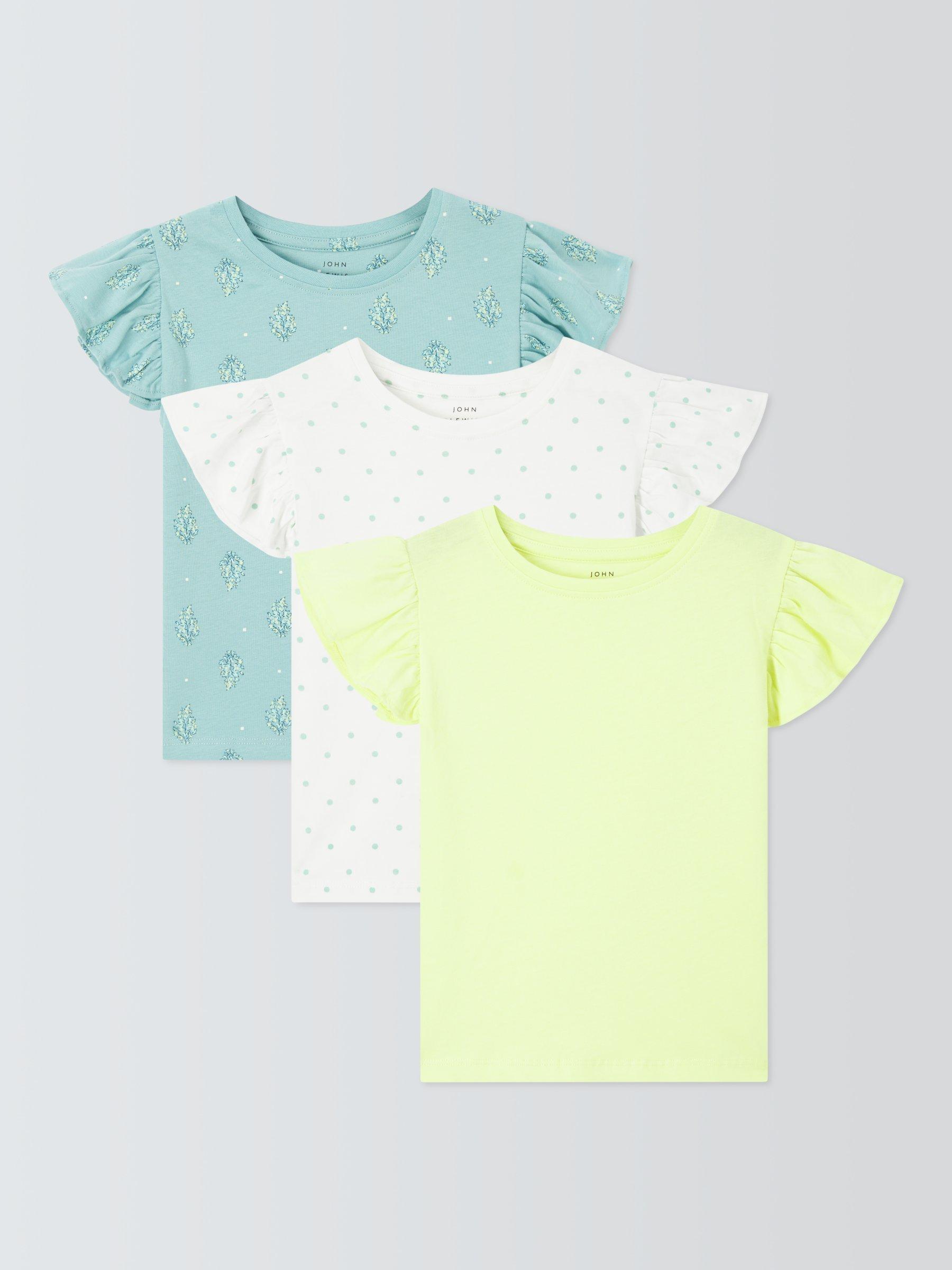 John Lewis Kids Floral/Spot/Plain Ruffle Sleeve T-Shirts, Pack of 3, Multi